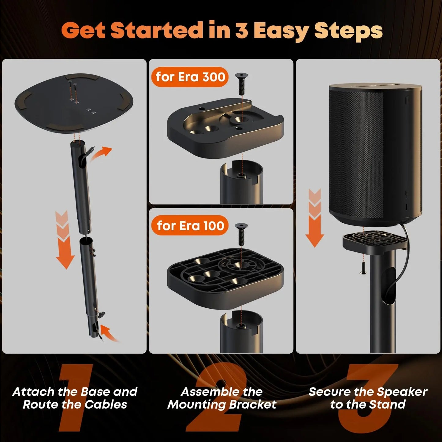 PUTORSEN Speaker Stands for Sonos Era-100 & Era-300 - Height Adjustable Floor Stands 29.1''–39'', Dual-Mount Base for Space-Saving Placement, Concealed Cable Management, 1 Pair PUTORSEN