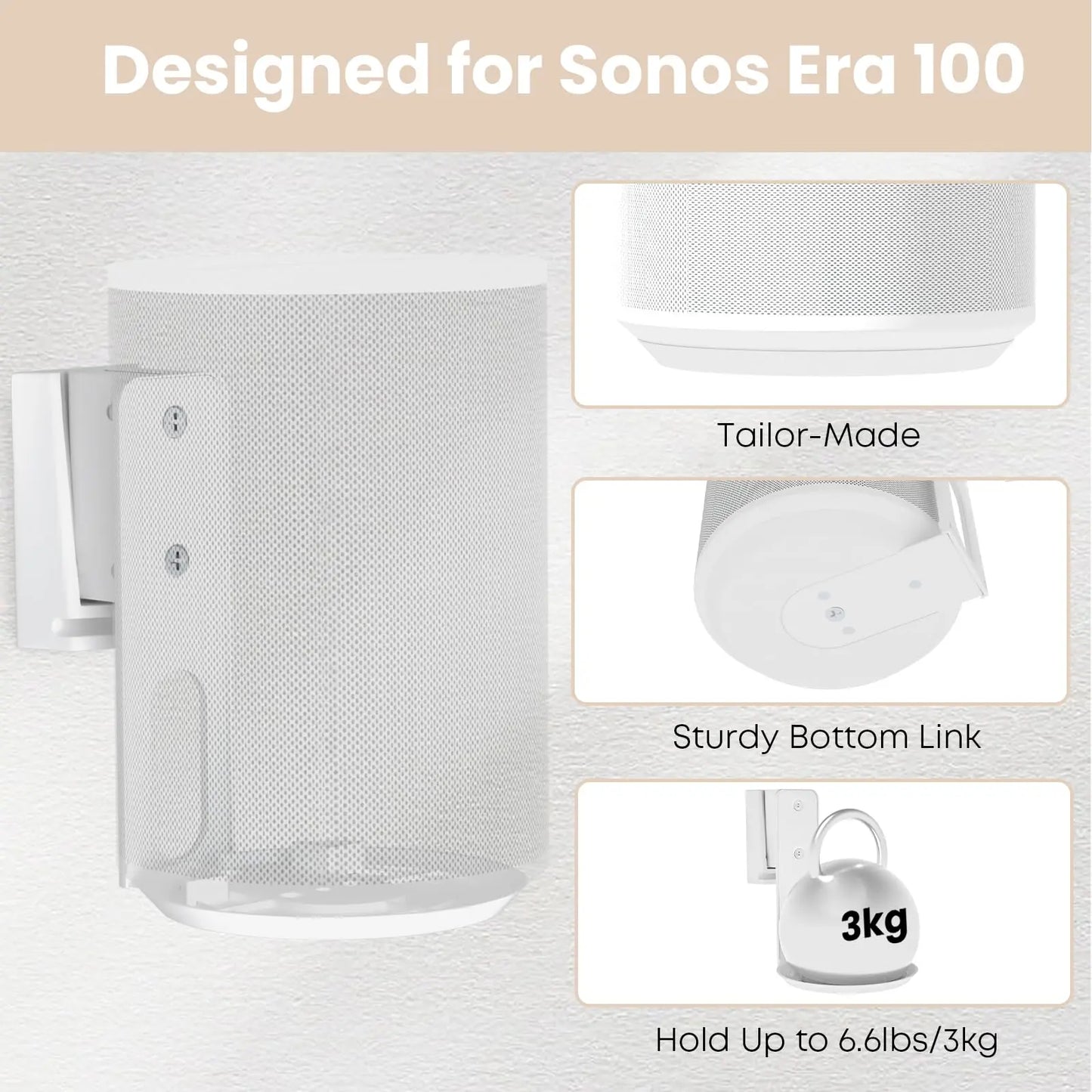 PUTORSEN Speaker Wall Mount for Sonos Era 100,Tilt & Swivel Speaker Shelf Bracket for Better Audio Enjoyment,Cable Management,Hold up to 6.6lbs (1 Pack White) PUTORSEN