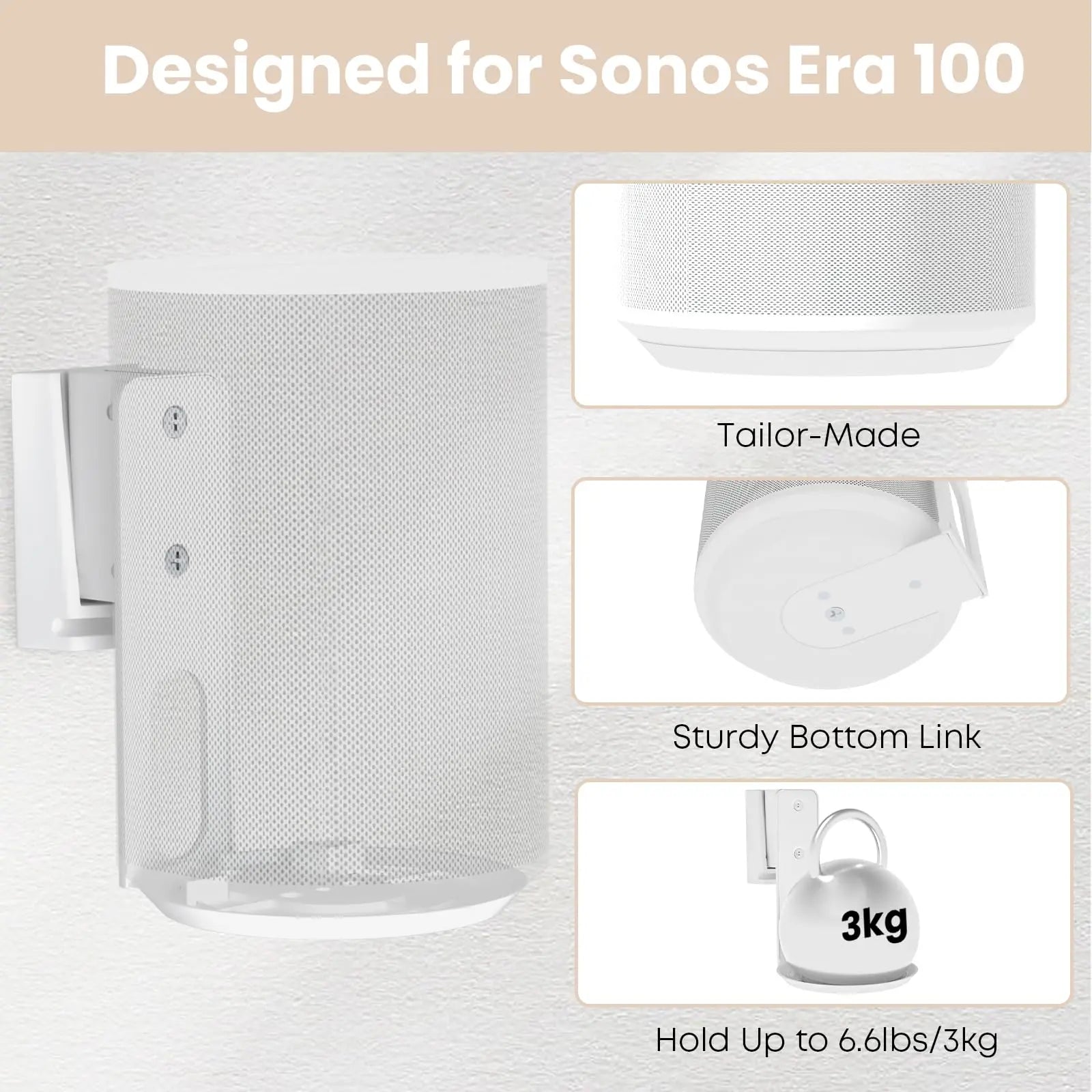 PUTORSEN Speaker Wall Mount for Sonos Era 100,Tilt & Swivel Speaker Shelf Bracket for Better Audio Enjoyment,Cable Management,Hold up to 6.6lbs (1 Pack White) PUTORSEN