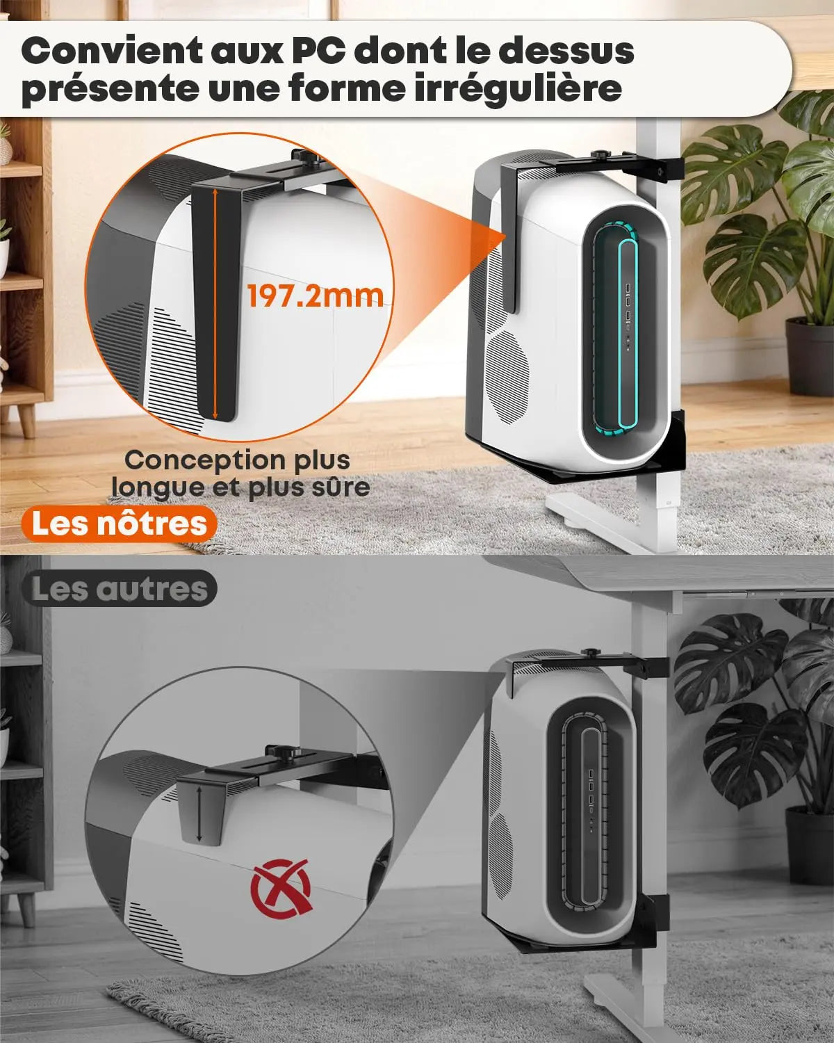 PUTORSEN Support PC sous Bureau 80×50 mm, Charge maximale 20 kg, Sans Perçage, acier robuste, compatible 145–250 mm, bonne ventilation, bureaux réglables PUTORSEN