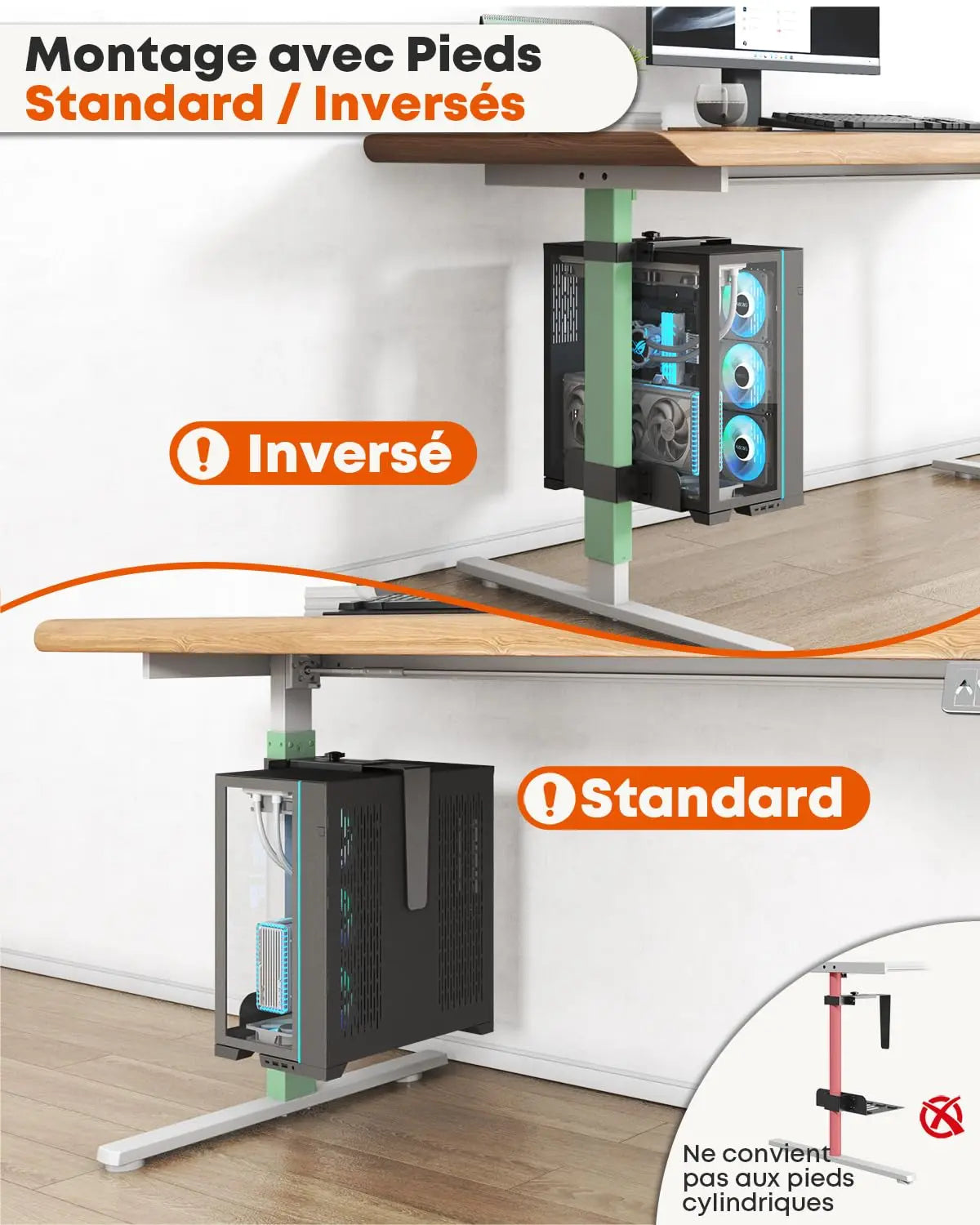 PUTORSEN Support PC sous Bureau 80×50 mm, Charge maximale 20 kg, Sans Perçage, acier robuste, compatible 145–250 mm, bonne ventilation, bureaux réglables PUTORSEN