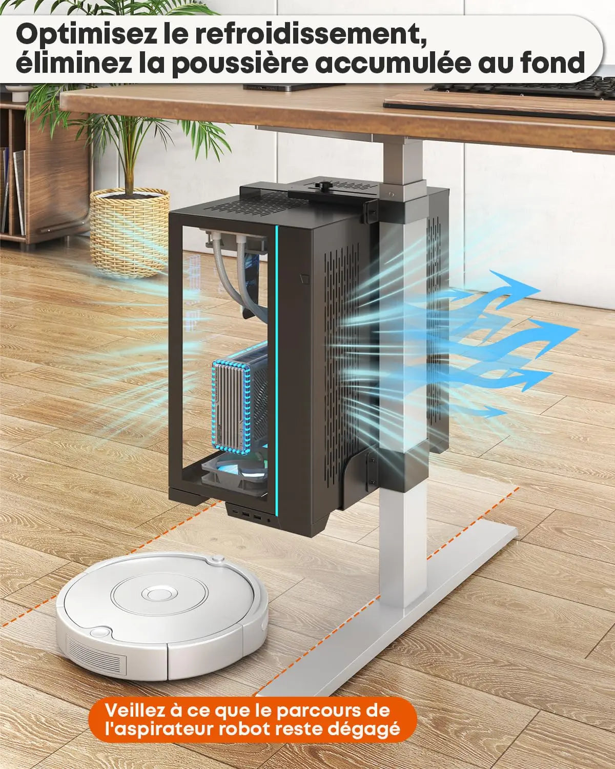 PUTORSEN Support PC sous Bureau 80×50 mm, Charge maximale 20 kg, Sans Perçage, acier robuste, compatible 145–250 mm, bonne ventilation, bureaux réglables PUTORSEN
