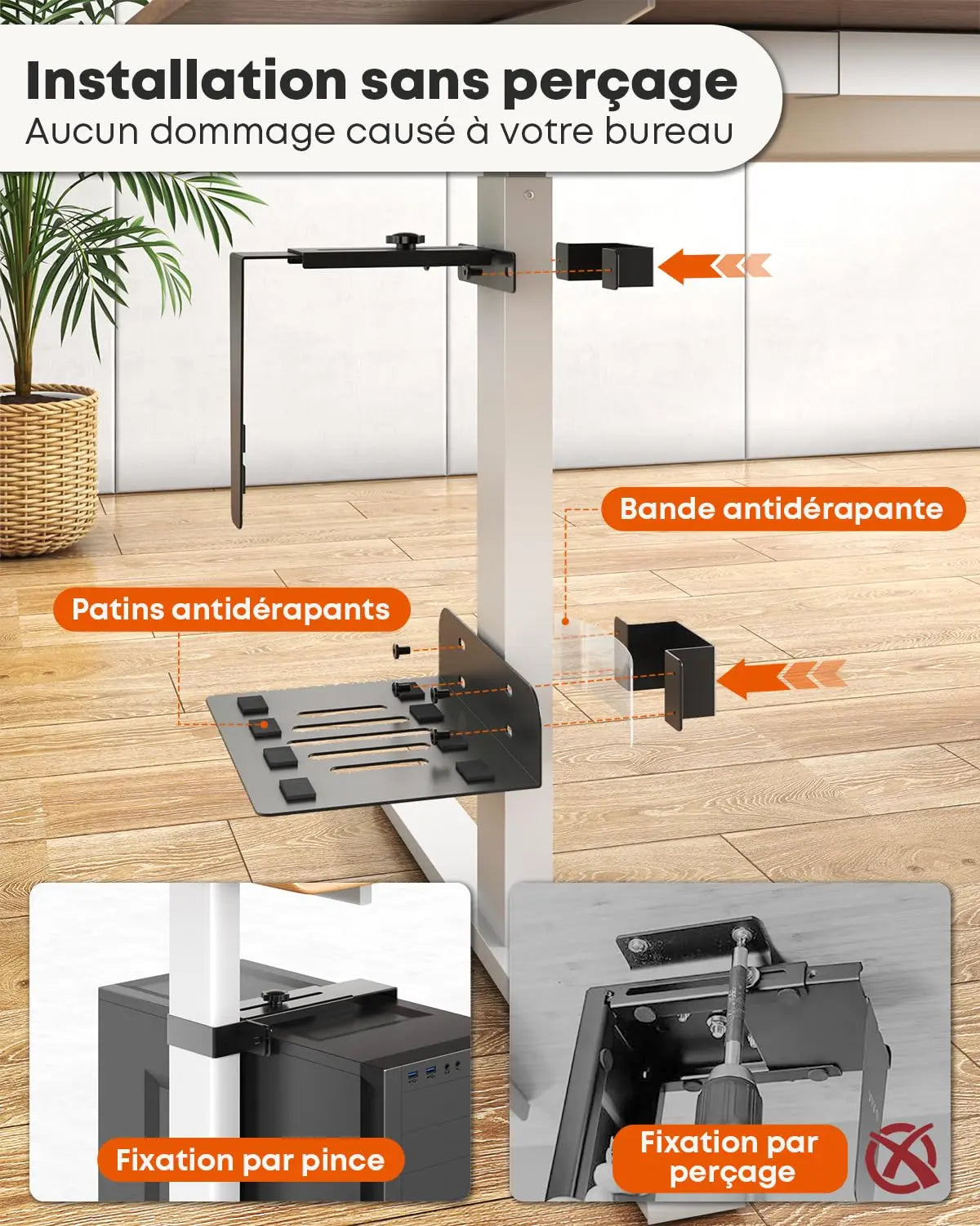 PUTORSEN Support PC sous Bureau 80×50 mm, Charge maximale 20 kg, Sans Perçage, acier robuste, compatible 145–250 mm, bonne ventilation, bureaux réglables PUTORSEN
