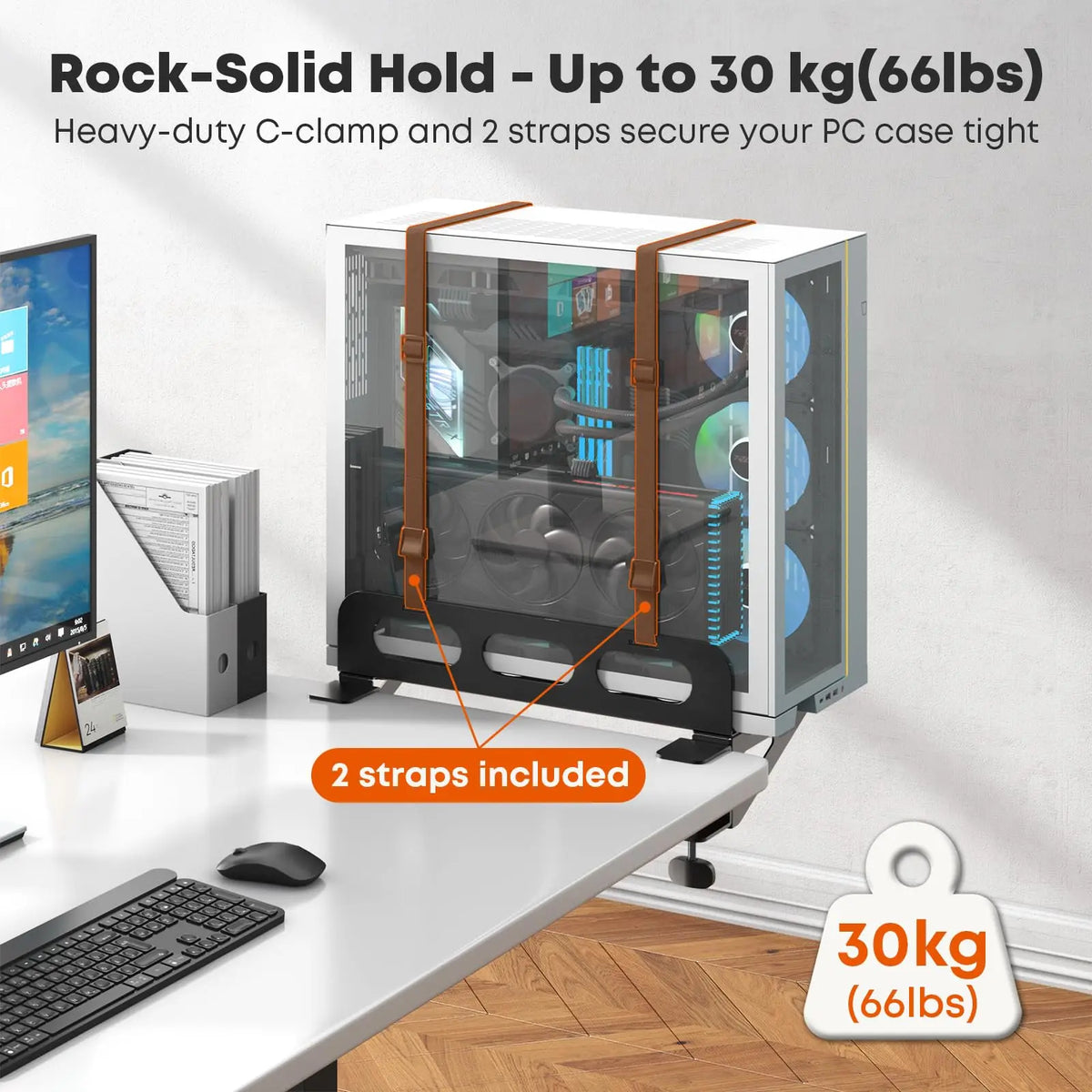 PUTORSEN Support de bureau pour PC robuste, charge maximale 30 kg, extension de bureau à largeur réglable, gain de place, 2 sangles de sécurité et support mural PUTORSEN