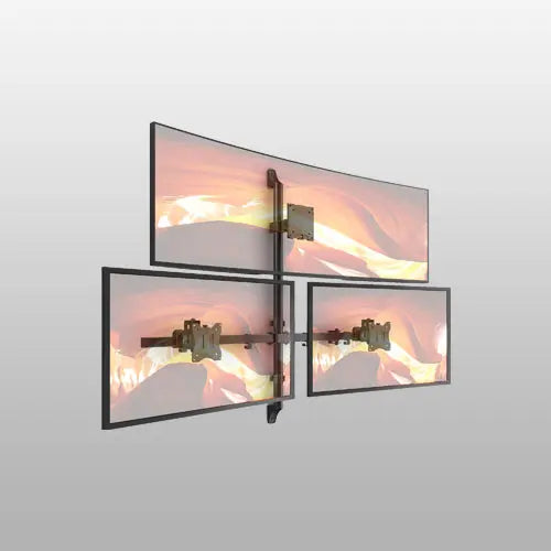 PUTORSEN Supporto a parete per 3 Monitor 49"+2×34", carico max 20kg, VESA 75x75/100x100mm, bracci laterali regolabili in altezza ±40mm, inclinabile, girevole, gestione cavi PUTORSEN