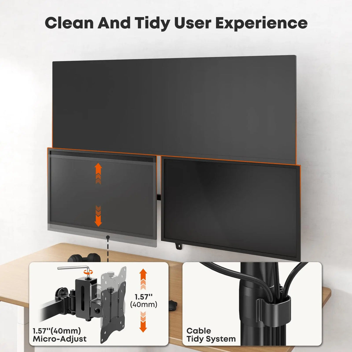 PUTORSEN Supporto a parete per 3 Monitor 49"+2×34", carico max 20kg, VESA 75x75/100x100mm, bracci laterali regolabili in altezza ±40mm, inclinabile, girevole, gestione cavi PUTORSEN