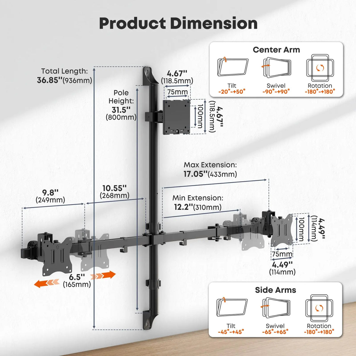 PUTORSEN Supporto a parete per 3 Monitor 49"+2×34", carico max 20kg, VESA 75x75/100x100mm, bracci laterali regolabili in altezza ±40mm, inclinabile, girevole, gestione cavi PUTORSEN