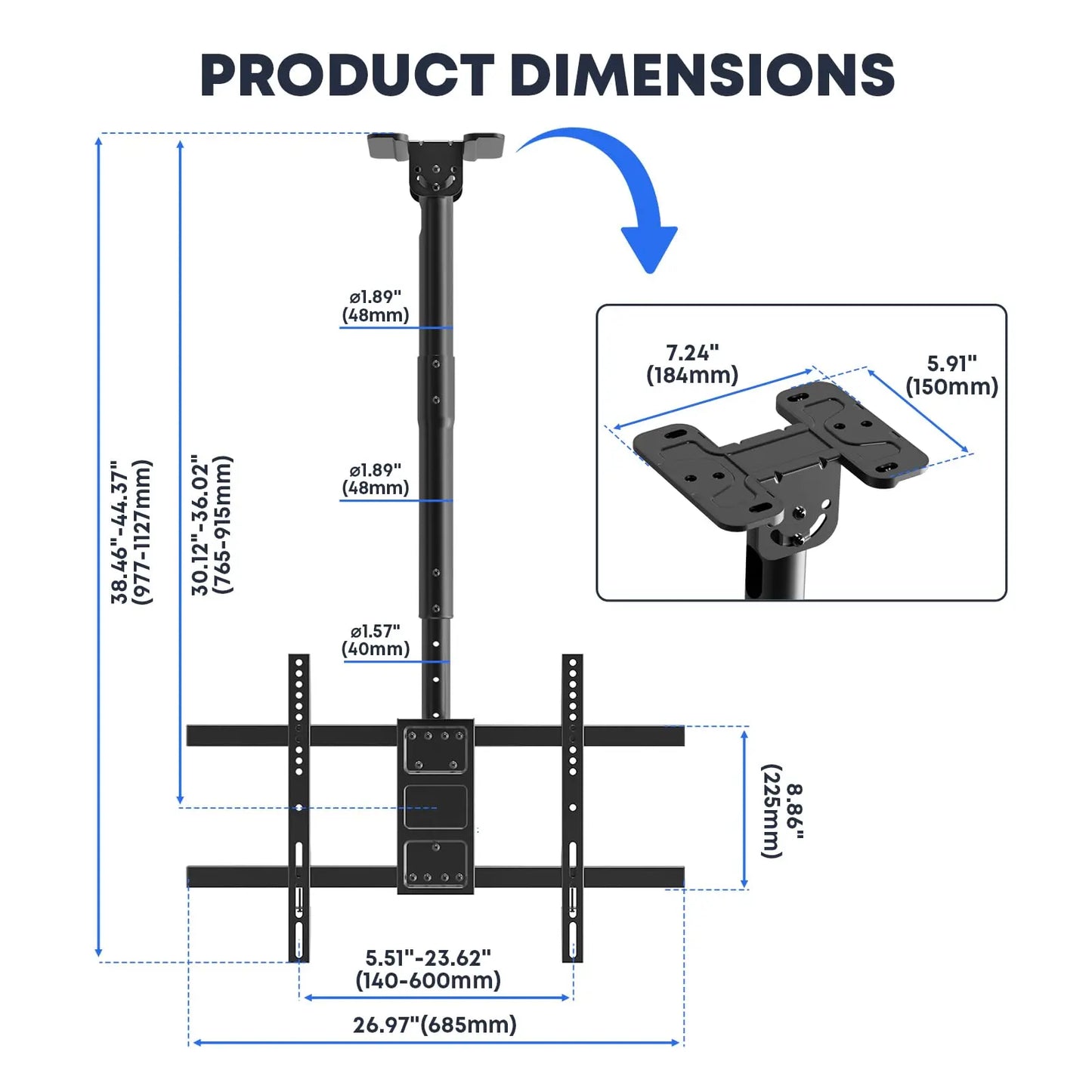 PUTORSEN TV Ceiling Mount for Most 43-86 inch TV up to 132lbs, Max VESA 600x400mm PUTORSEN