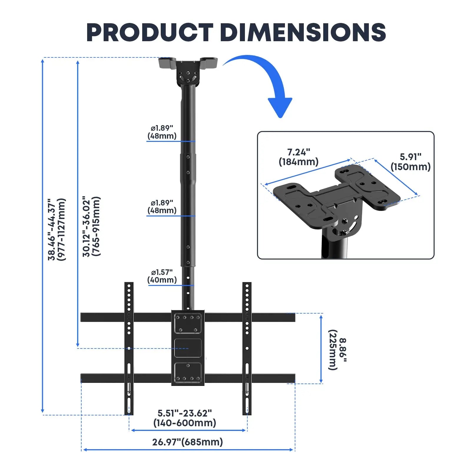 PUTORSEN TV Ceiling Mount for Most 43-86 inch TV up to 132lbs, Max VESA 600x400mm PUTORSEN