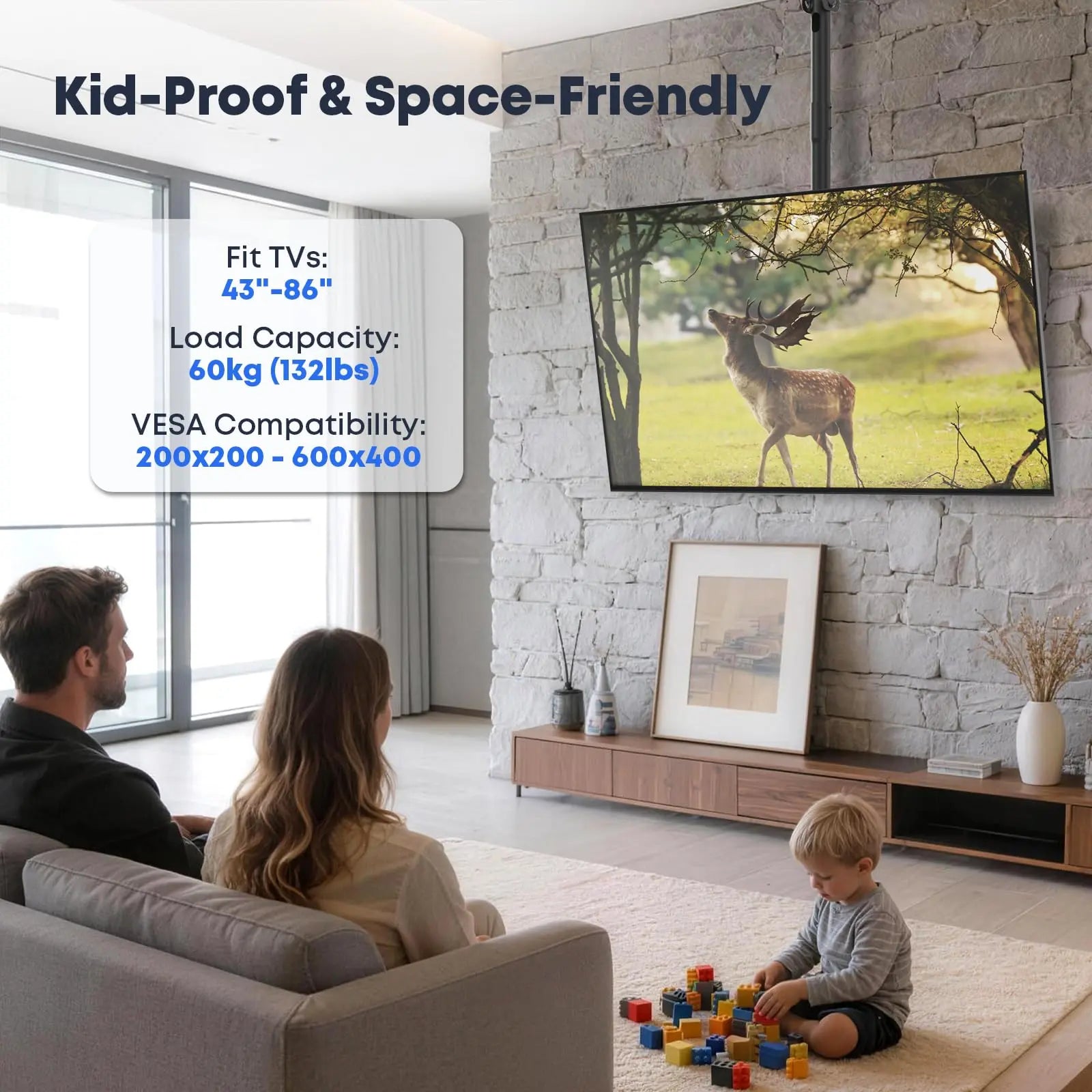 PUTORSEN TV Ceiling Mount for Most 43-86 inch TV up to 132lbs, Max VESA 600x400mm PUTORSEN