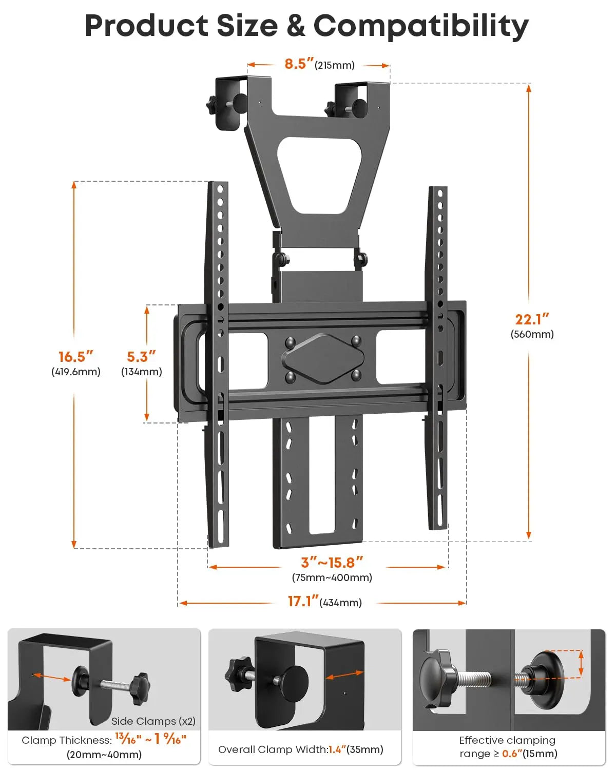 PUTORSEN TV Hanger Bracket for 42-70 Inch TVs - Height Adjustable Steel TV Mount, Max VESA 400x400mm, Holds up to 110 lbs PUTORSEN