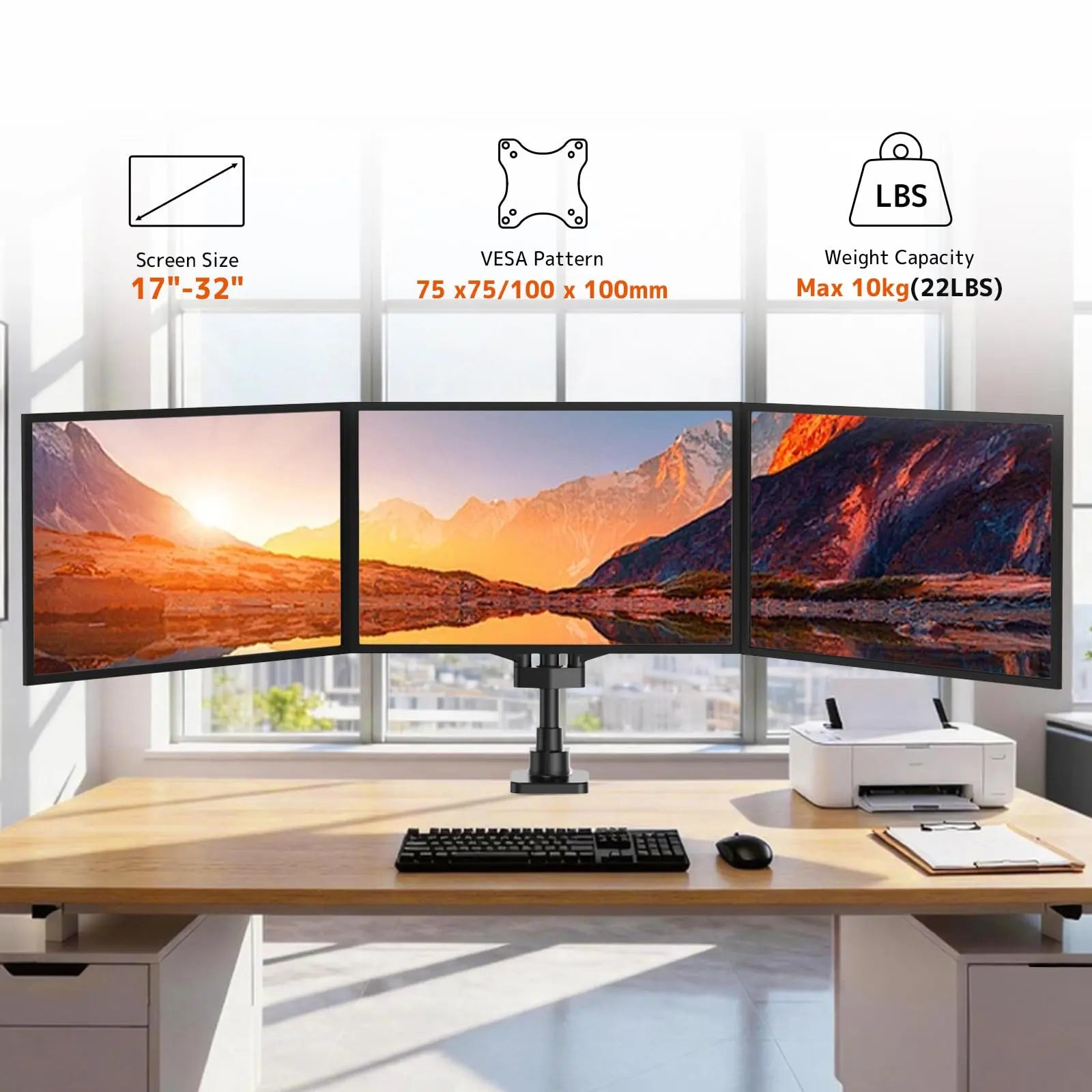 PUTORSEN Triple Monitor Mount for 17 to 32 inch Screens, Fully Adjustable 3 Monitor Stand with Heavy Duty Clamp and Grommet Mounting, 22 lbs per Arm PUTORSEN