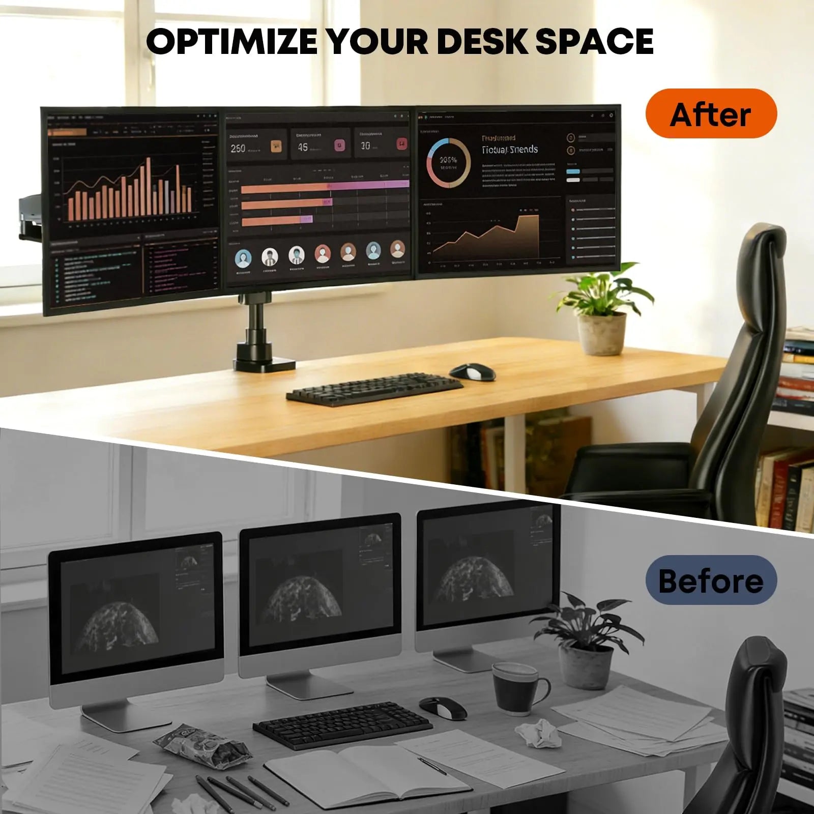 PUTORSEN Triple Monitor Mount for 17 to 32 inch Screens, Fully Adjustable 3 Monitor Stand with Heavy Duty Clamp and Grommet Mounting, 22 lbs per Arm PUTORSEN
