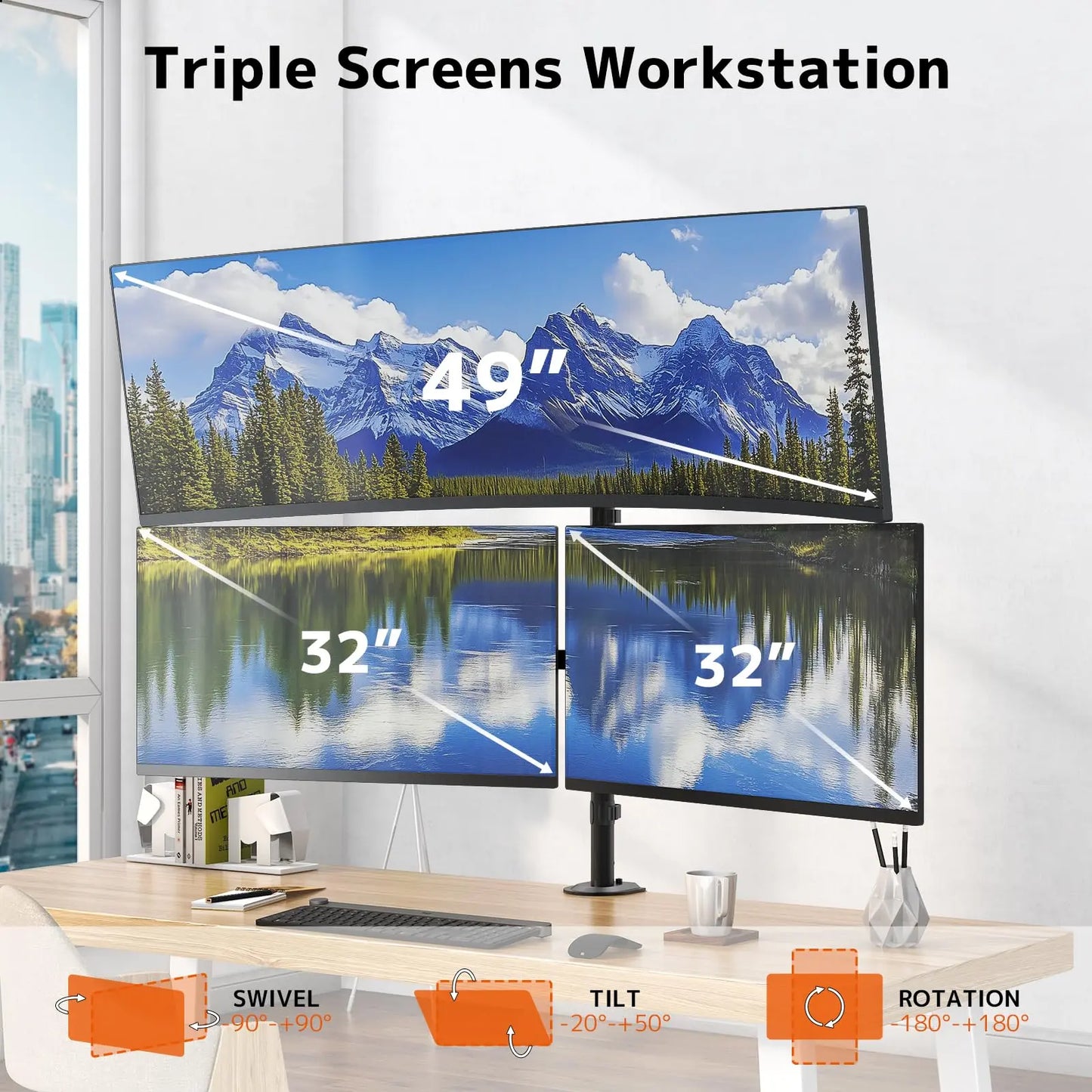 PUTORSEN Triple Monitor Mount for Up to 49" Ultrawide and 32" Monitors per Side Arm, Extra Tall 3 Monitor Desk Mount Holds up to 44 lbs, VESA 75/100 mm PUTORSEN