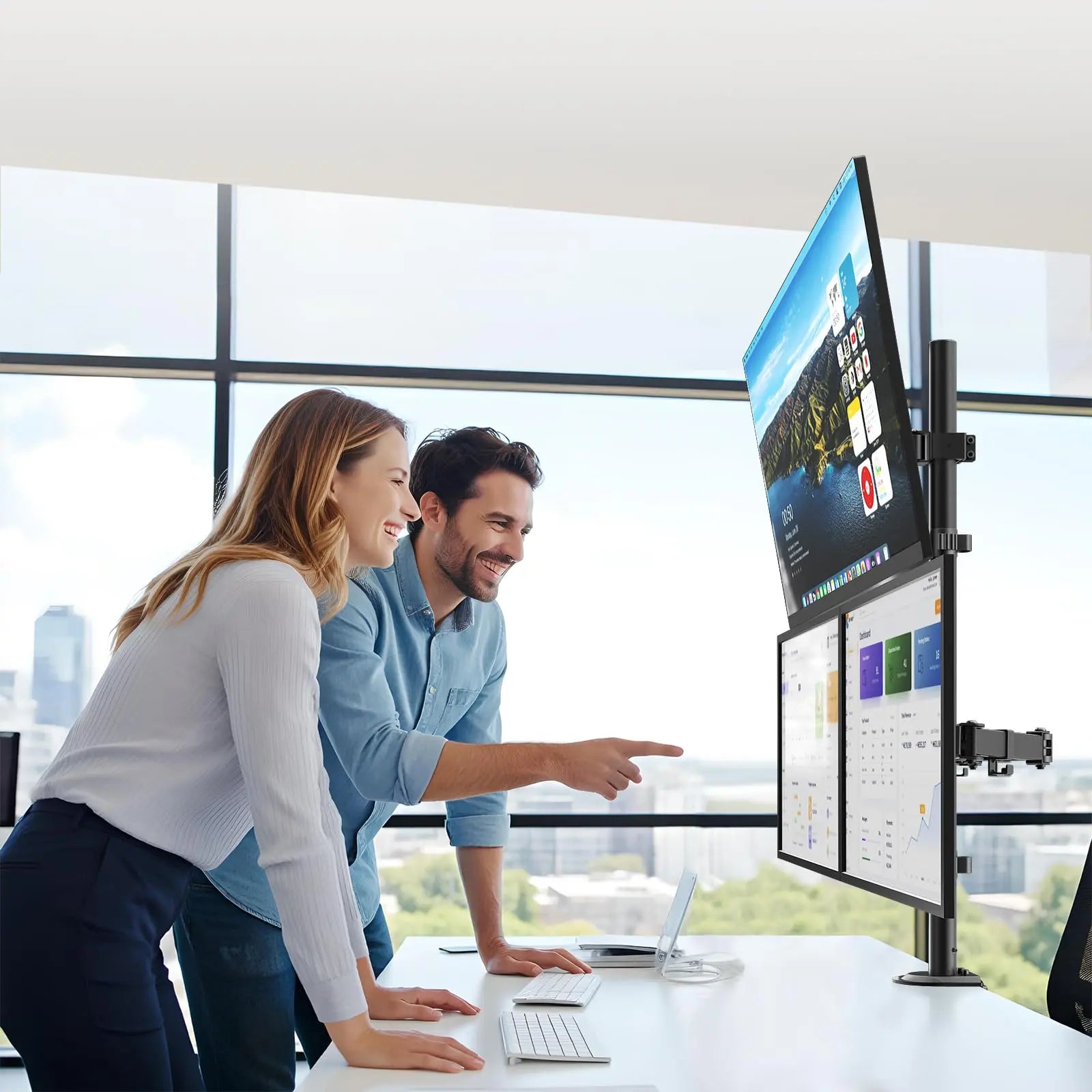 PUTORSEN Triple Monitor Mount for Up to 49" Ultrawide and 32" Monitors per Side Arm, Extra Tall 3 Monitor Desk Mount Holds up to 44 lbs, VESA 75/100 mm PUTORSEN