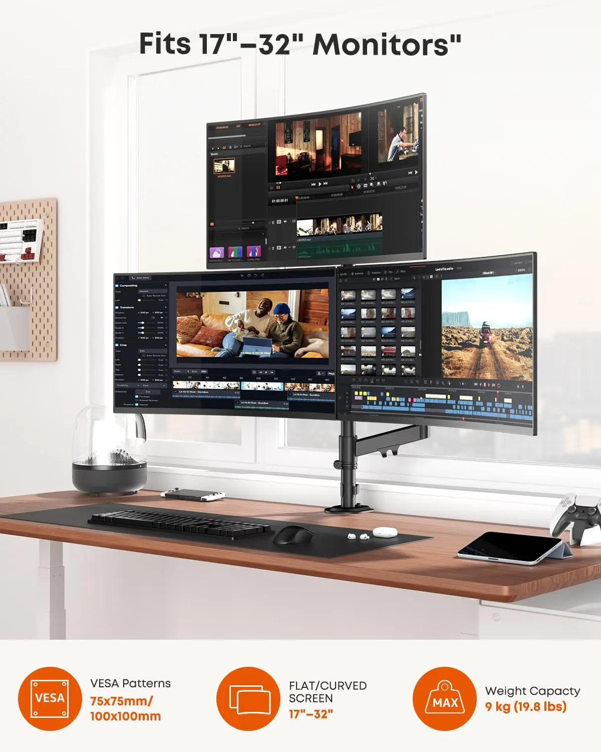 PUTORSEN Triple Monitor Mount for up to 32-inch Screens, Heavy Duty 3 Monitor Desk Mount with Gas Spring Arms, Fully Adjustable Tilt Swivel Rotation, Holds 19.8 lbs per Arm PUTORSEN