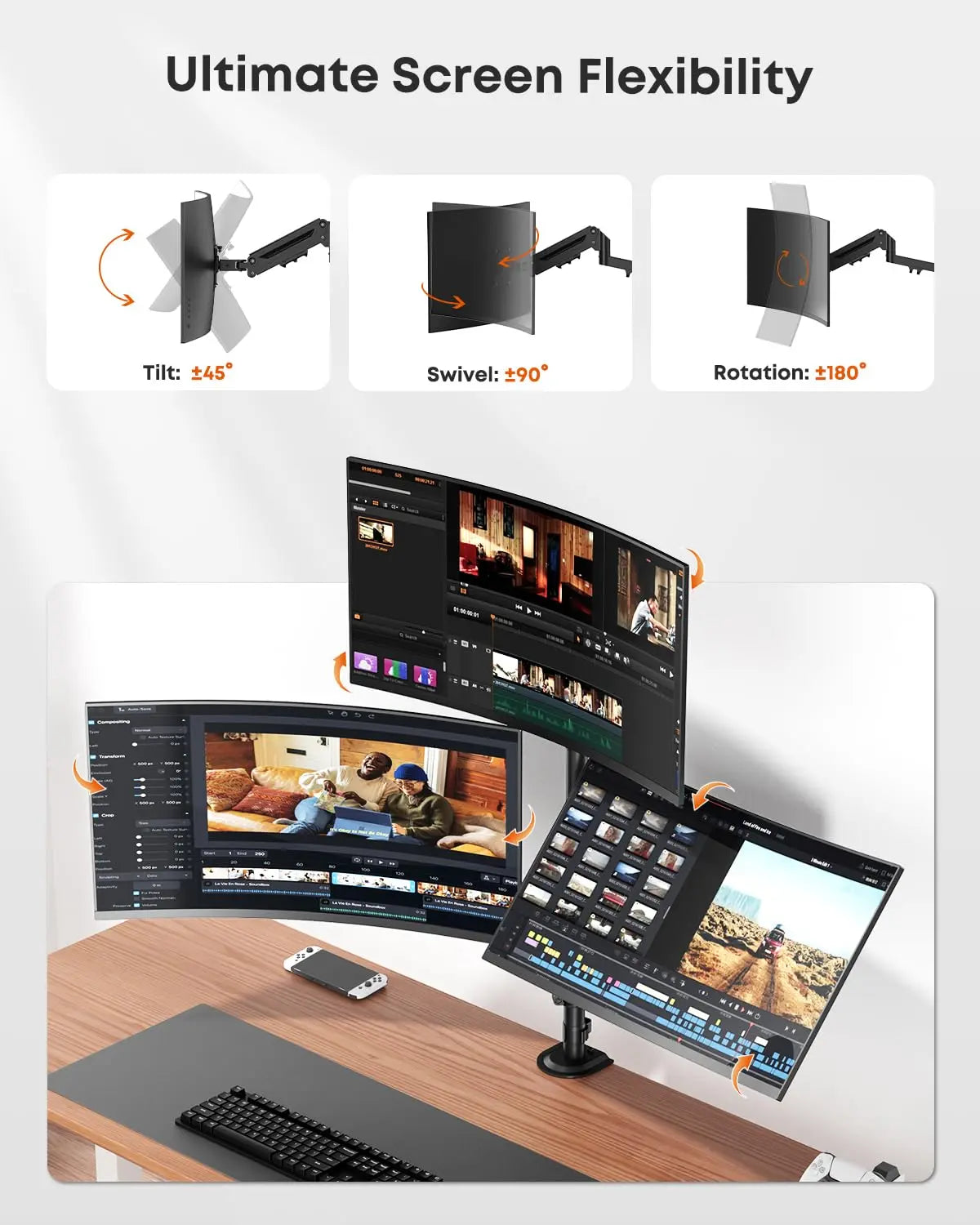PUTORSEN Triple Monitor Mount for up to 32-inch Screens, Heavy Duty 3 Monitor Desk Mount with Gas Spring Arms, Fully Adjustable Tilt Swivel Rotation, Holds 19.8 lbs per Arm PUTORSEN
