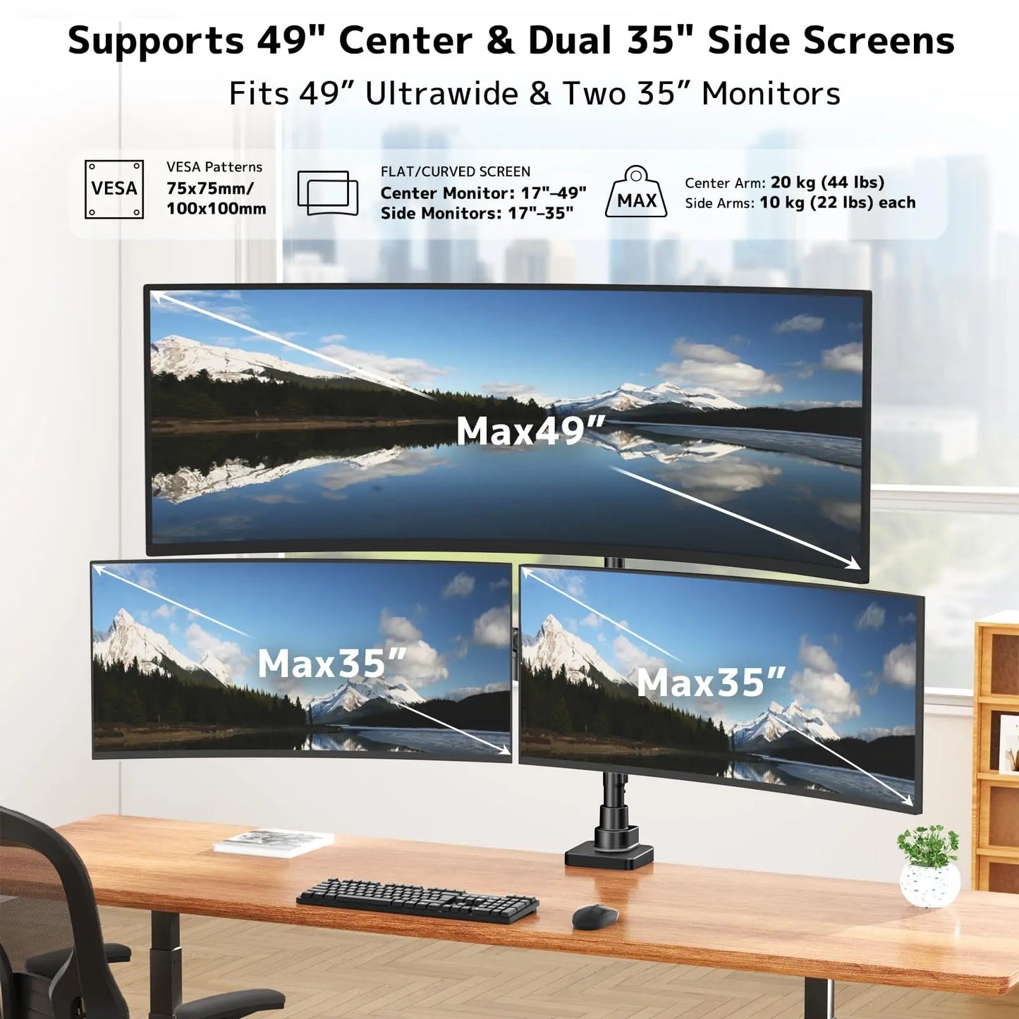 PUTORSEN Triple Monitor Mount up to 49 inches, Fully Adjustable Heavy Duty 3 Monitor Arm with Gas Spring, Desk Mount for 3 Screens, C-Clamp & Grommet Base, Holds 44 lbs PUTORSEN