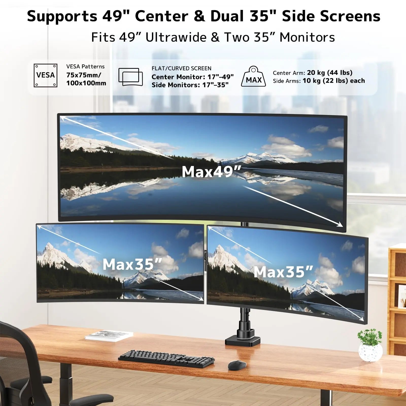PUTORSEN Triple Monitor Mount up to 49 inches, Fully Adjustable Heavy Duty 3 Monitor Arm with Gas Spring, Desk Mount for 3 Screens, C-Clamp & Grommet Base, Holds 44 lbs PUTORSEN