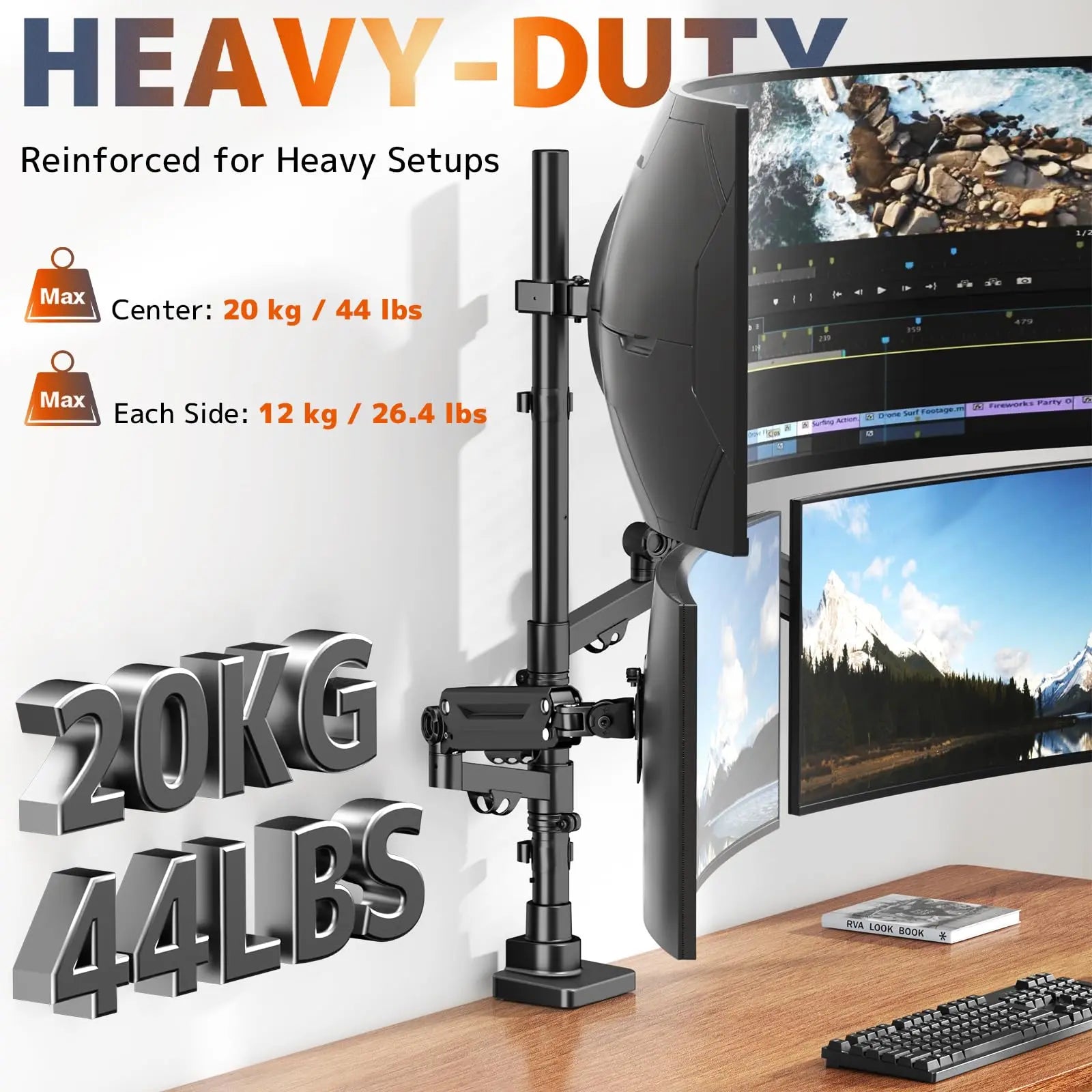 PUTORSEN Triple Monitor Mount up to 49 inches, Fully Adjustable Heavy Duty 3 Monitor Arm with Gas Spring, Desk Mount for 3 Screens, C-Clamp & Grommet Base, Holds 44 lbs PUTORSEN