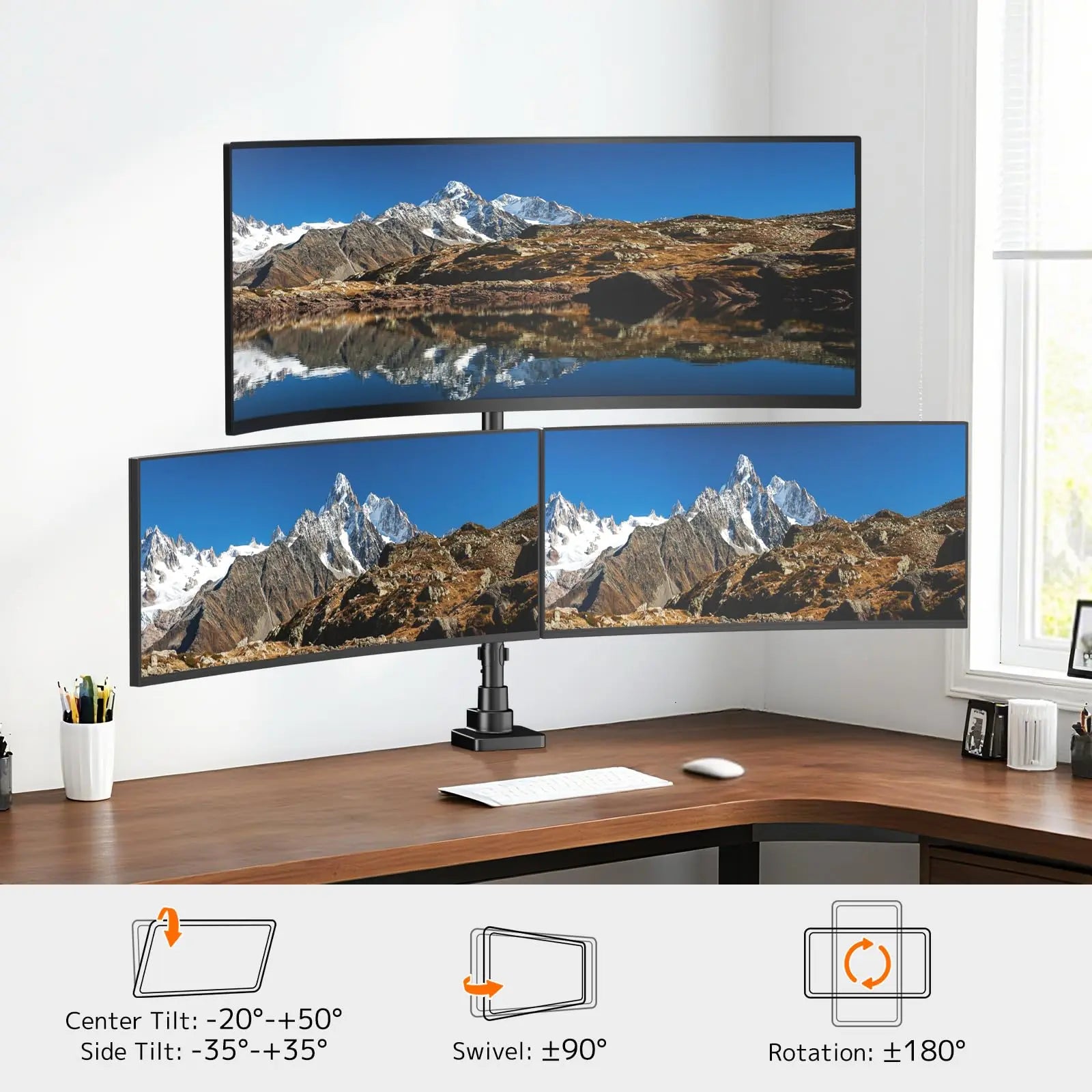 PUTORSEN Triple Monitor Mount up to 49 inches, Fully Adjustable Heavy Duty 3 Monitor Arm with Gas Spring, Desk Mount for 3 Screens, C-Clamp & Grommet Base, Holds 44 lbs PUTORSEN