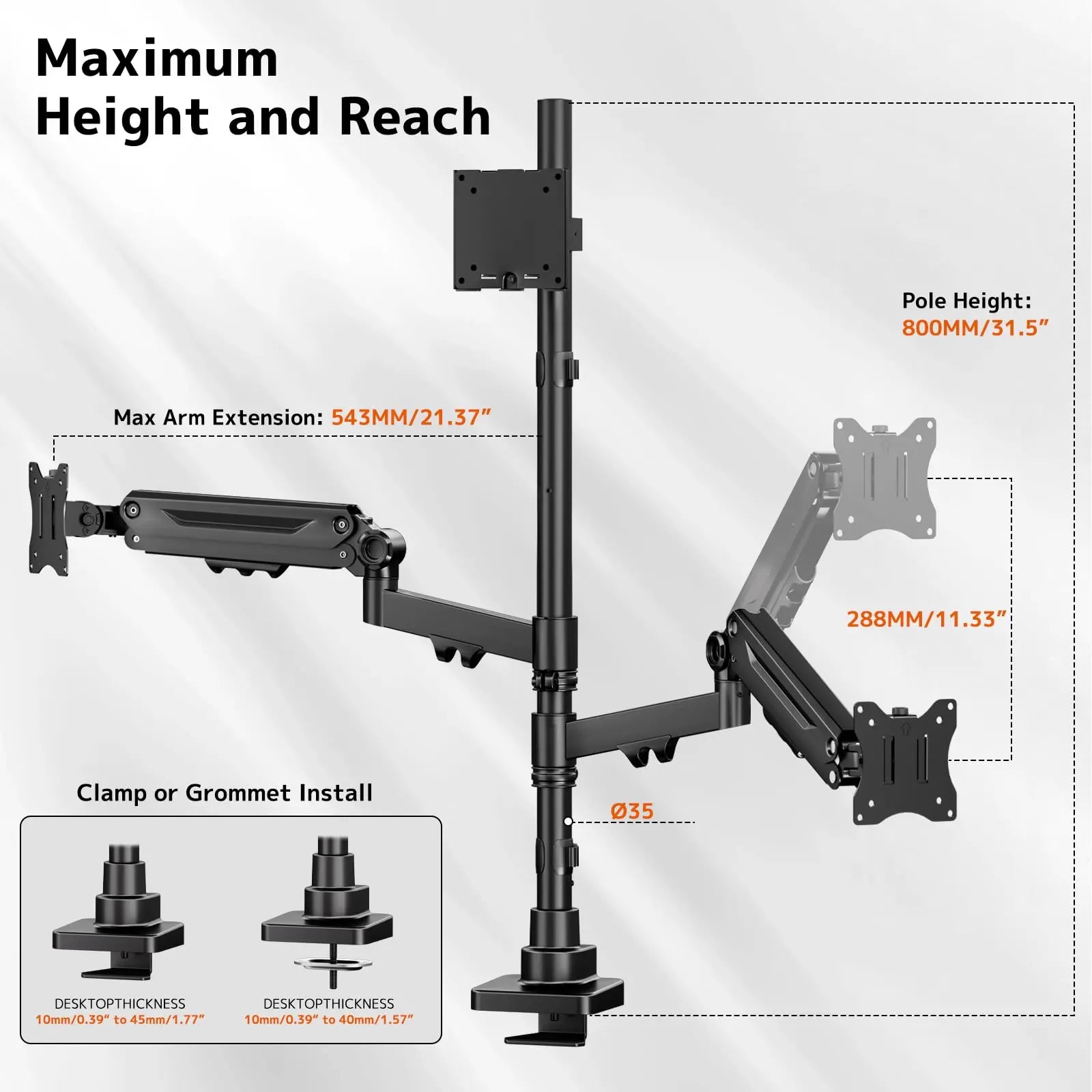 PUTORSEN Triple Monitor Mount up to 49 inches, Fully Adjustable Heavy Duty 3 Monitor Arm with Gas Spring, Desk Mount for 3 Screens, C-Clamp & Grommet Base, Holds 44 lbs PUTORSEN