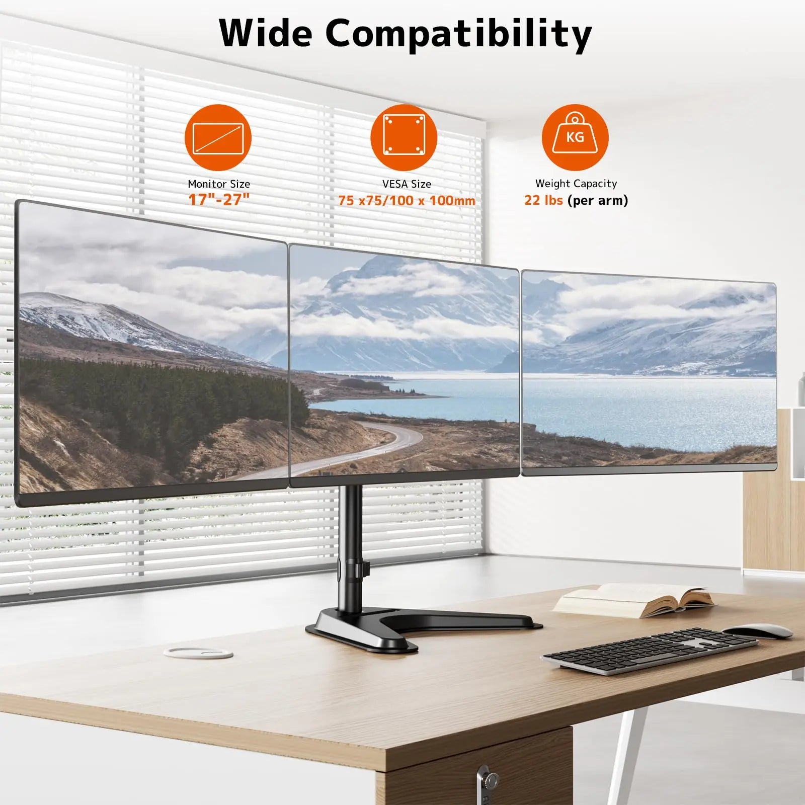 PUTORSEN Triple Monitor Stand, Heavy Fully Adjustable Motion Mount Fits 3 Screens up to 27 inche, Free Standing Desk Stand with Base and Cable Management PUTORSEN