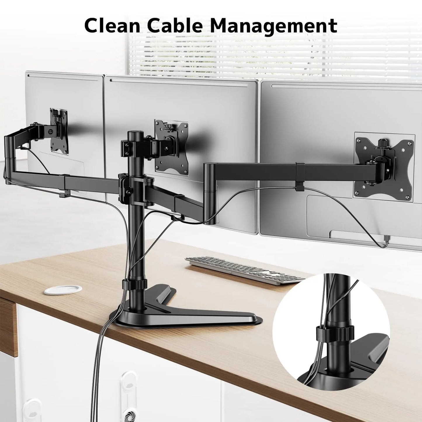 PUTORSEN Triple Monitor Stand, Heavy Fully Adjustable Motion Mount Fits 3 Screens up to 27 inche, Free Standing Desk Stand with Base and Cable Management PUTORSEN