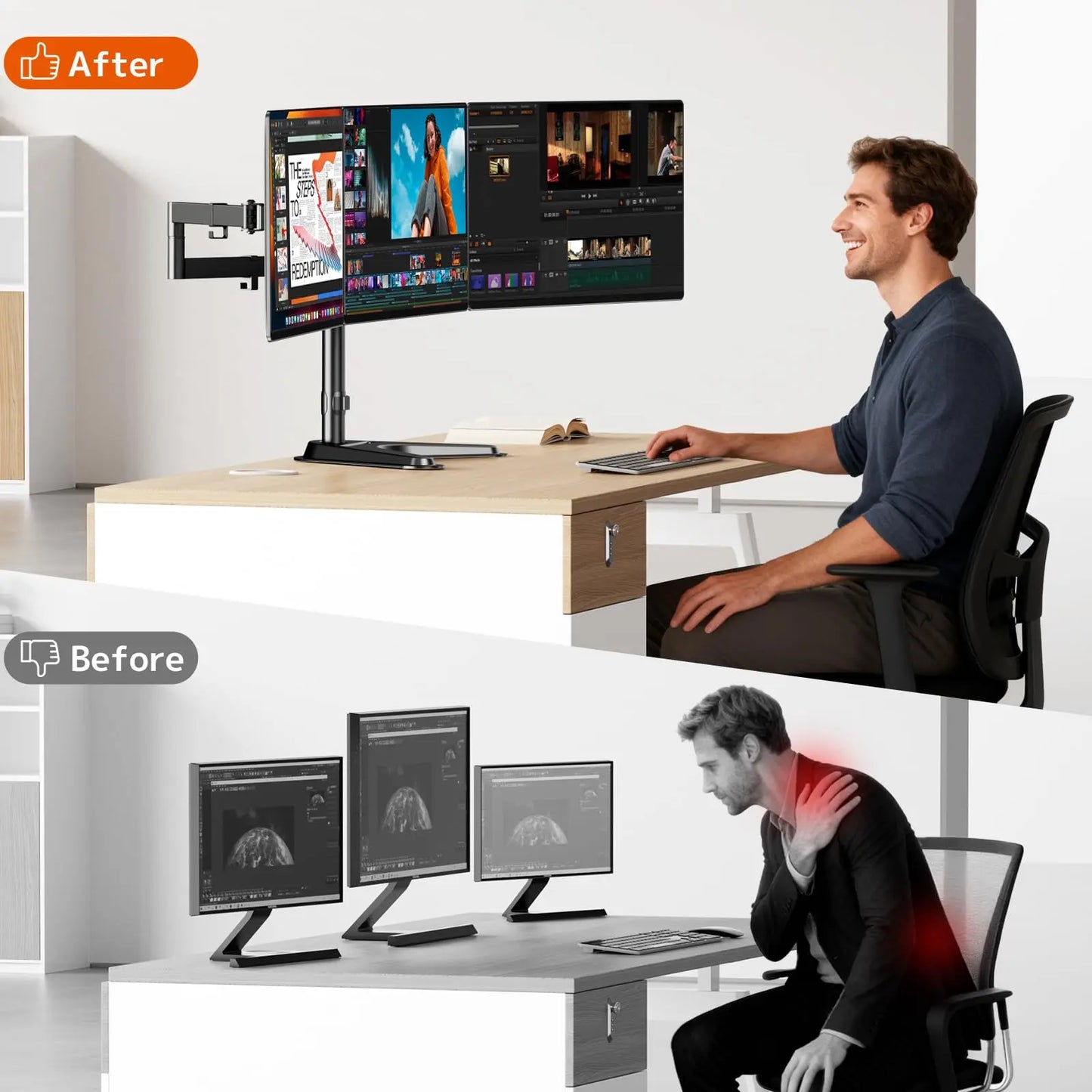 PUTORSEN Triple Monitor Stand, Heavy Fully Adjustable Motion Mount Fits 3 Screens up to 27 inche, Free Standing Desk Stand with Base and Cable Management PUTORSEN