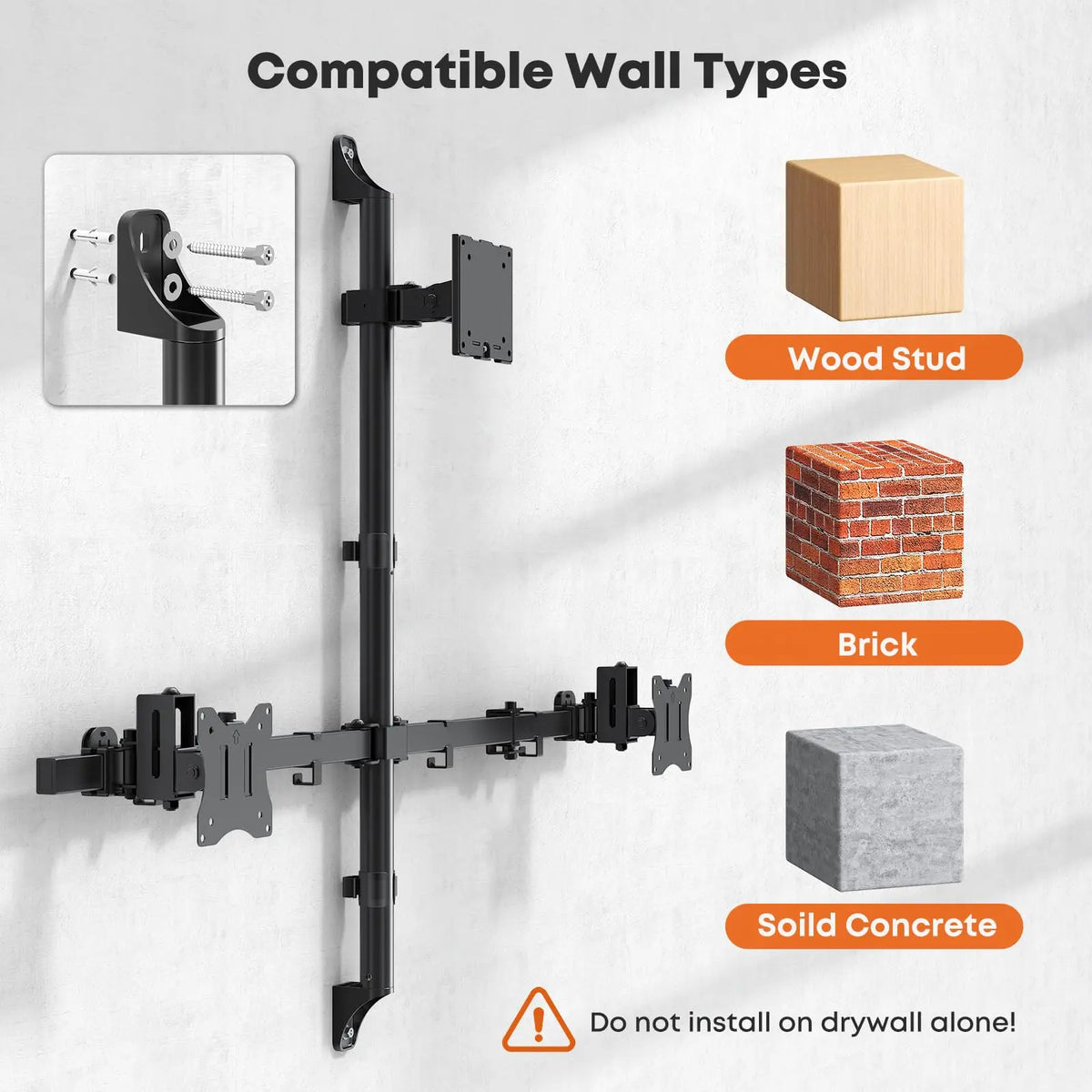 PUTORSEN Triple Monitor Wall Mount for Screens Up to 49", Total Load Capacity 44 lbs, Accommodates 49" Ultrawide Center Screen and Two 34" Side Displays, Side Arms Height Adjustable ±1.57", Built-in Cable Management, VESA 75/100mm, Black PUTORSEN