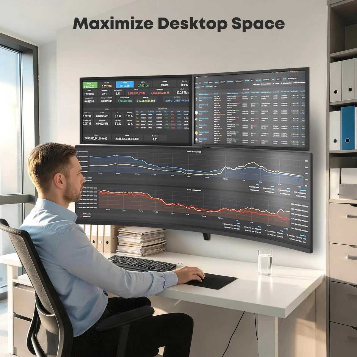 PUTORSEN Triple Monitor Wall Mount for Screens Up to 49", Total Load Capacity 44 lbs, Accommodates 49" Ultrawide Center Screen and Two 34" Side Displays, Side Arms Height Adjustable ±1.57", Built-in Cable Management, VESA 75/100mm, Black PUTORSEN