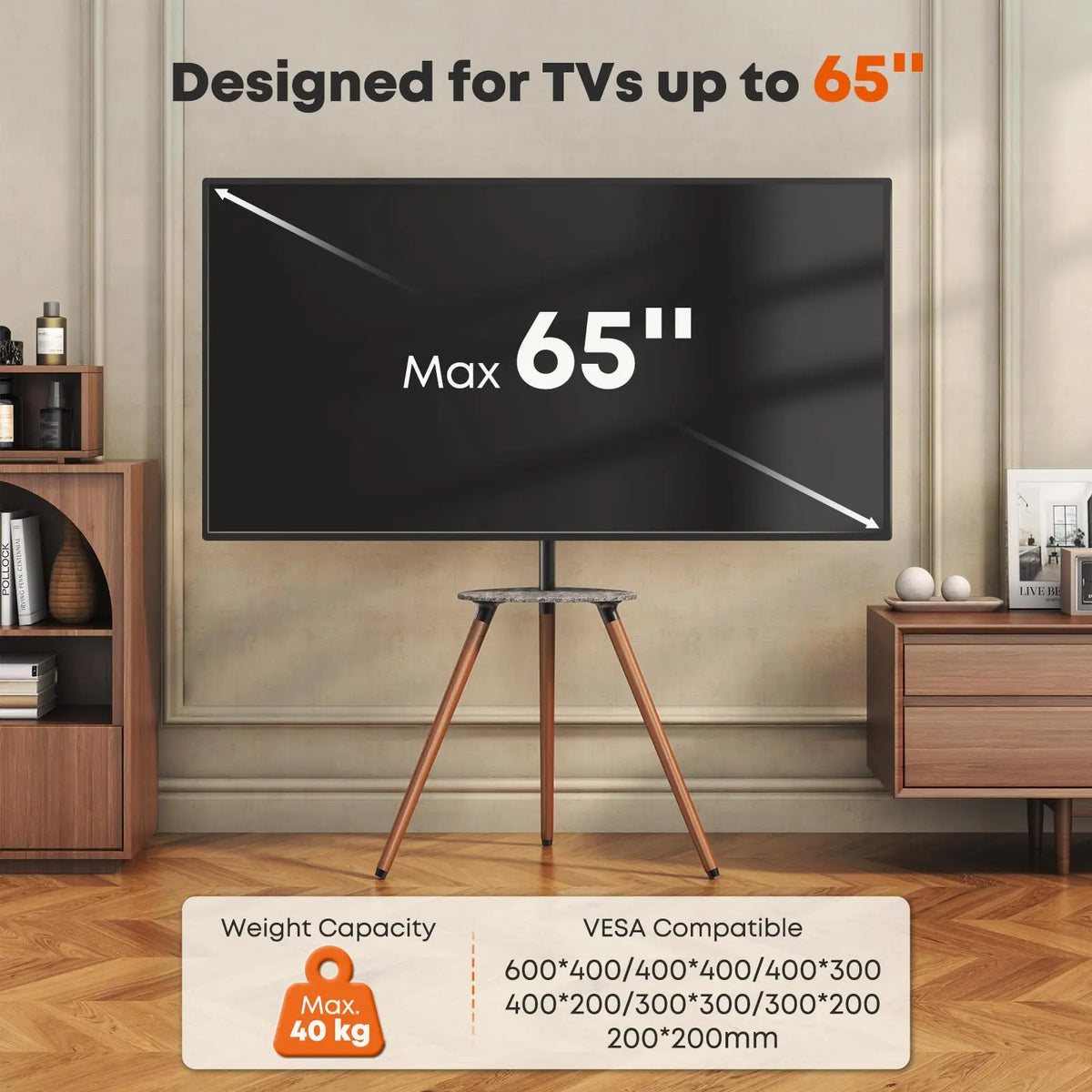 PUTORSEN Trípode Universal para TV 45–65", altura regulable con estante, giro 45°, VESA máximo 600×400 mm, carga máxima 40 kg PUTORSEN