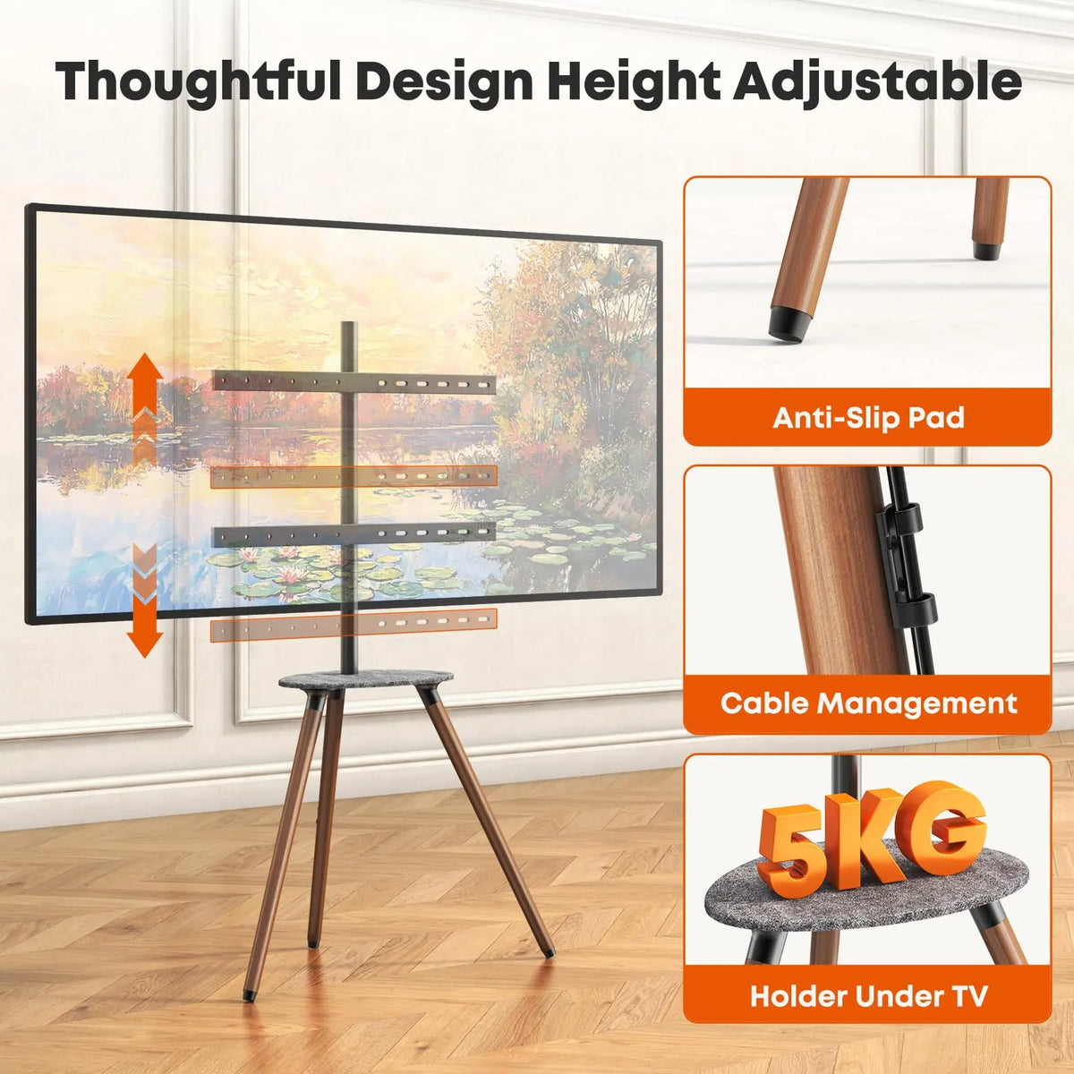 PUTORSEN Trípode Universal para TV 45–65", altura regulable con estante, giro 45°, VESA máximo 600×400 mm, carga máxima 40 kg PUTORSEN