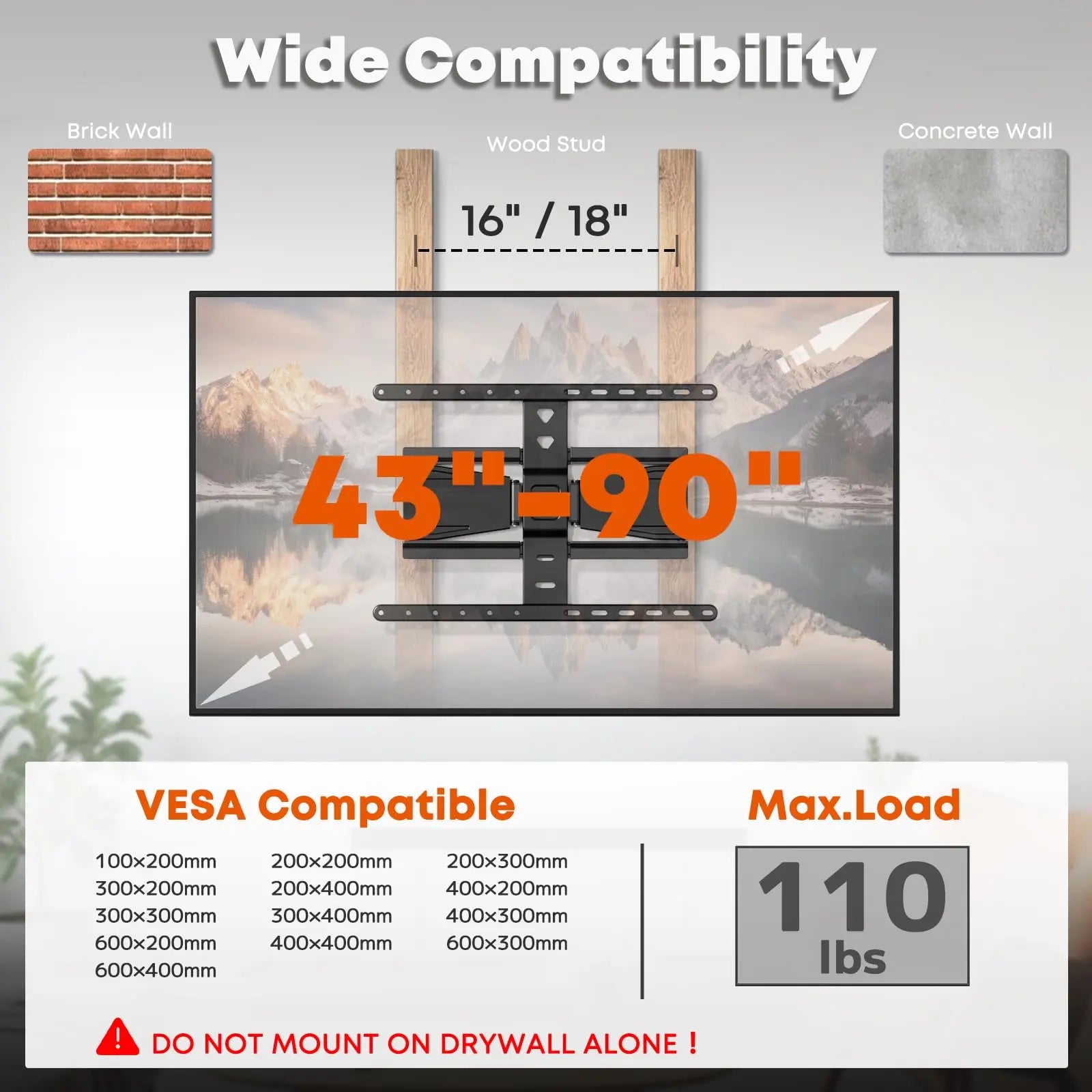PUTORSEN Ultra-Slim TV Wall Mount for Most 43-90 Inch TVs, 0.77" Thin Low Profile Full Motion Bracket, Max VESA 600x400 mm, Holds up to 110lbs PUTORSEN