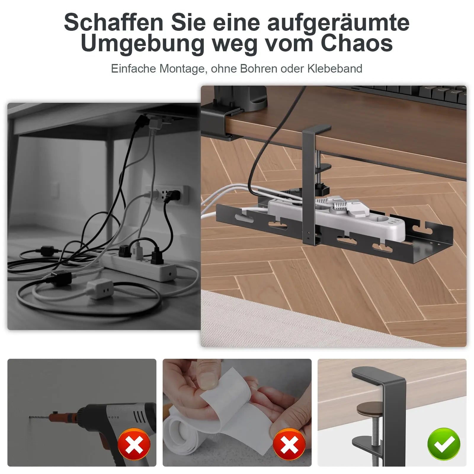 PUTORSEN Under Desk Cable Management Tray | 40cm | Tool-Free Clamp-On Installation | Steel Frame for Office & Home Office | Black PUTORSEN