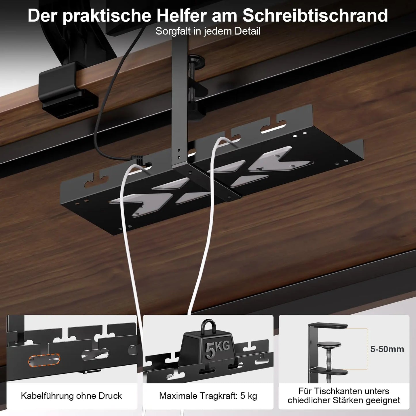 PUTORSEN Under Desk Cable Management Tray | 40cm | Tool-Free Clamp-On Installation | Steel Frame for Office & Home Office | Black PUTORSEN