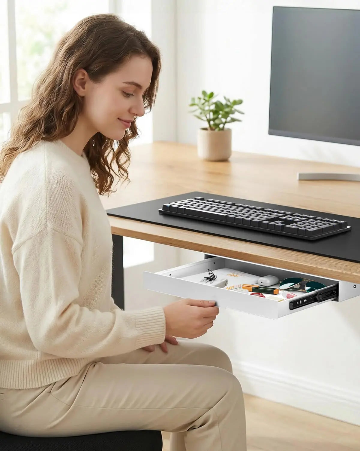 PUTORSEN Under Desk Drawer 14.8 Inch Wide, Smooth Sliding Storage Organizer for Standing Desk & Home Office, 17.6 lbs Max Load, Quiet Glide, White PUTORSEN