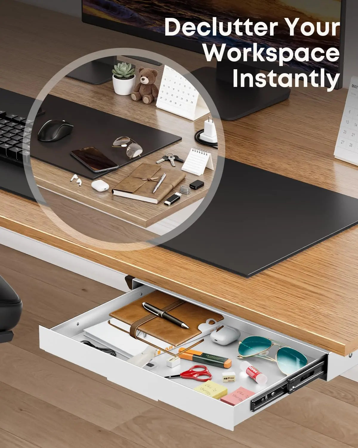 PUTORSEN Under Desk Drawer 14.8 Inch Wide, Smooth Sliding Storage Organizer for Standing Desk & Home Office, 17.6 lbs Max Load, Quiet Glide, White PUTORSEN