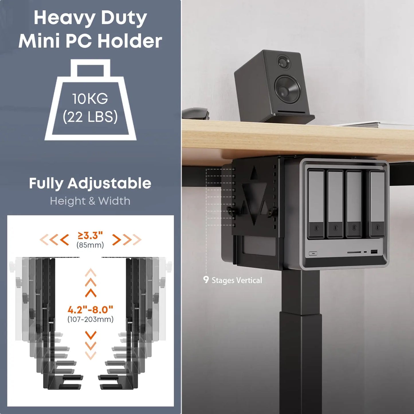 PUTORSEN Under Desk Mini PC Mount NAS Mount Bracket Holder, Height and Width Adjustable CPU Holder for Mac mini Desktop Computer, Mini PC, Small Form Factor Desktop Tower, Black PUTORSEN