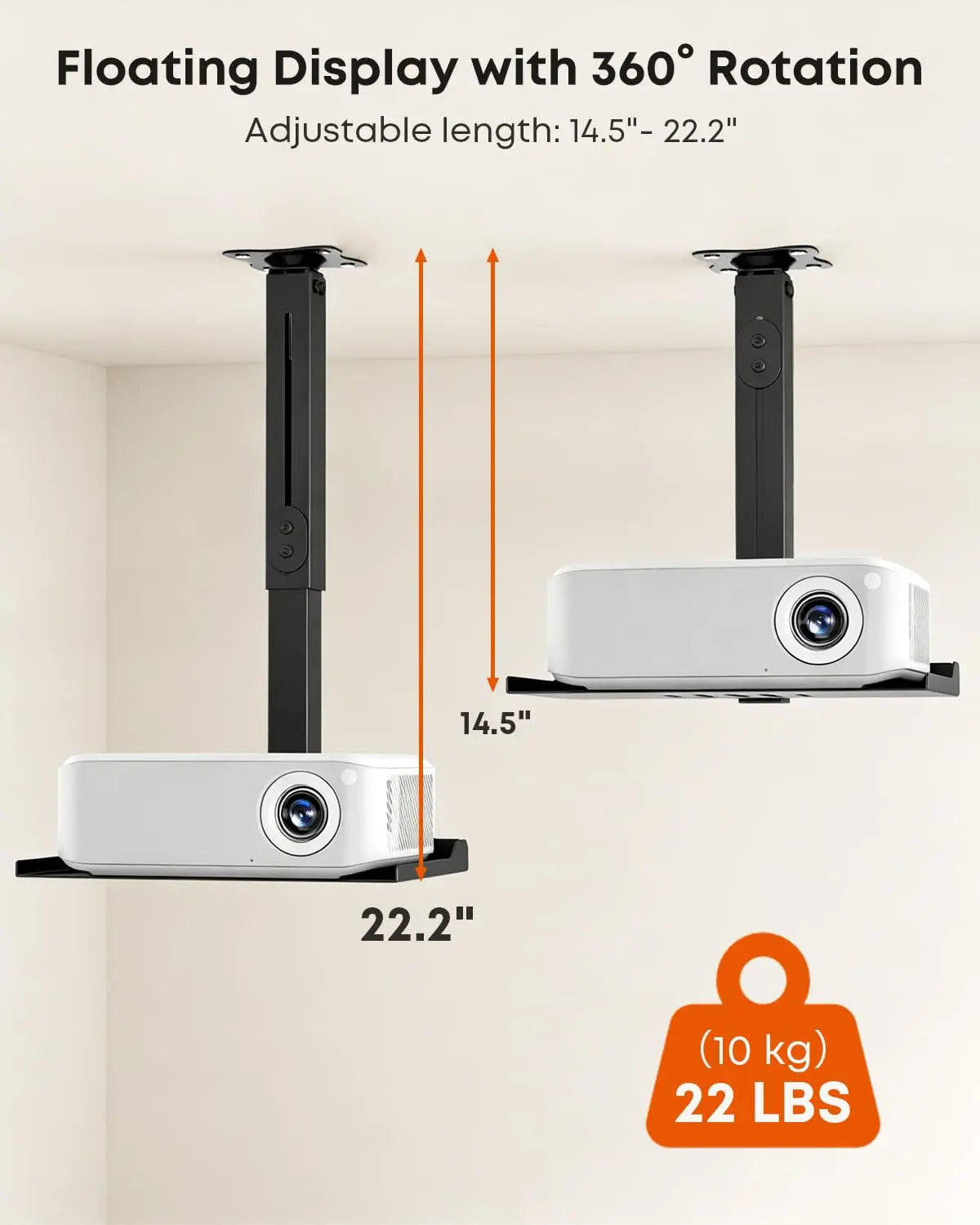 PUTORSEN Universal Projector Ceiling Mount with Tray & 360° Swivel Arm Built-in Cable Management, Fully Adjustable, No-Drill Installation, Supports up to 22 lbs, for Home Theater & Office, Black PUTORSEN
