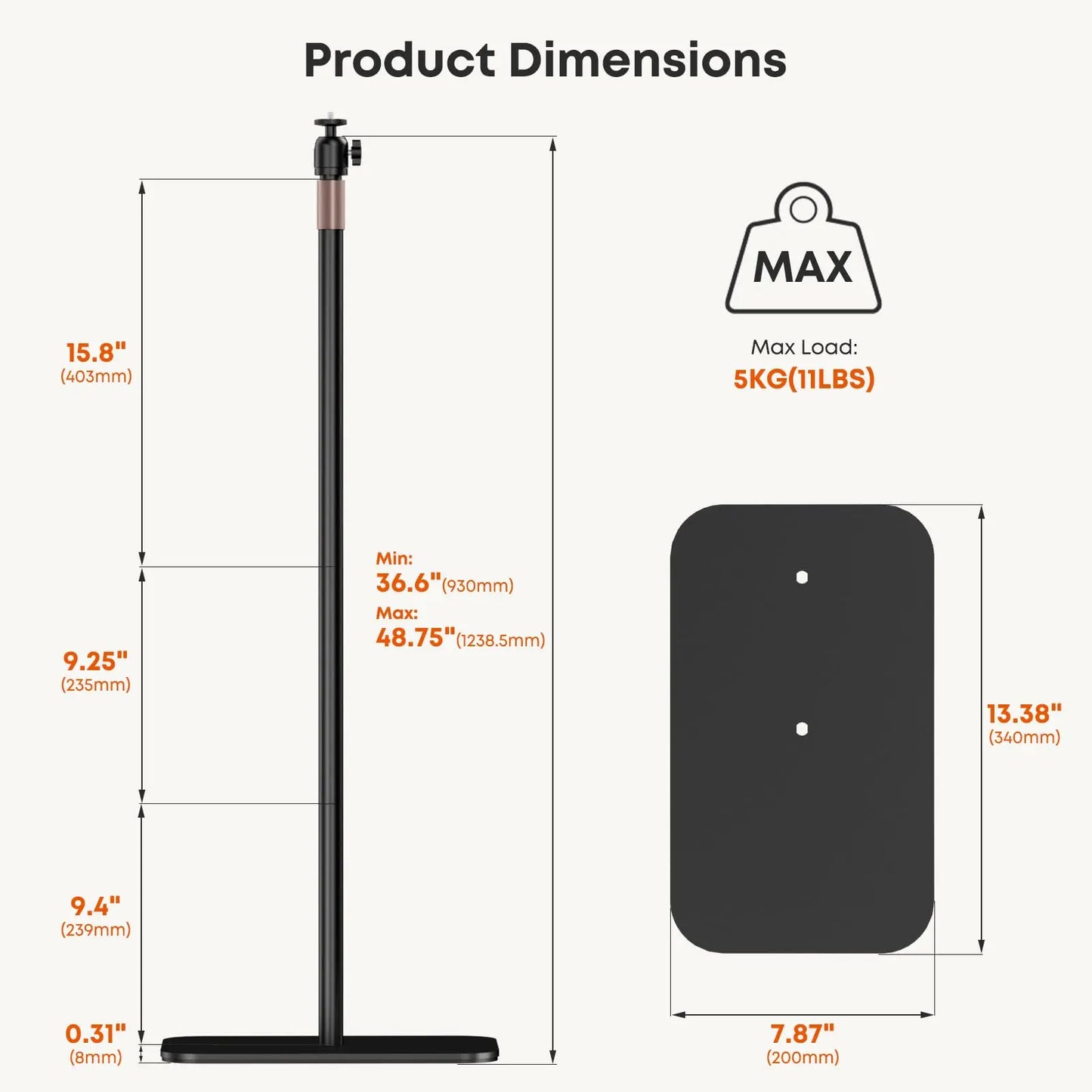 PUTORSEN Universal Projector Stand – Height Adjustable Floor Stand with 360° Rotating Ball Head & 1/4" Screw PUTORSEN
