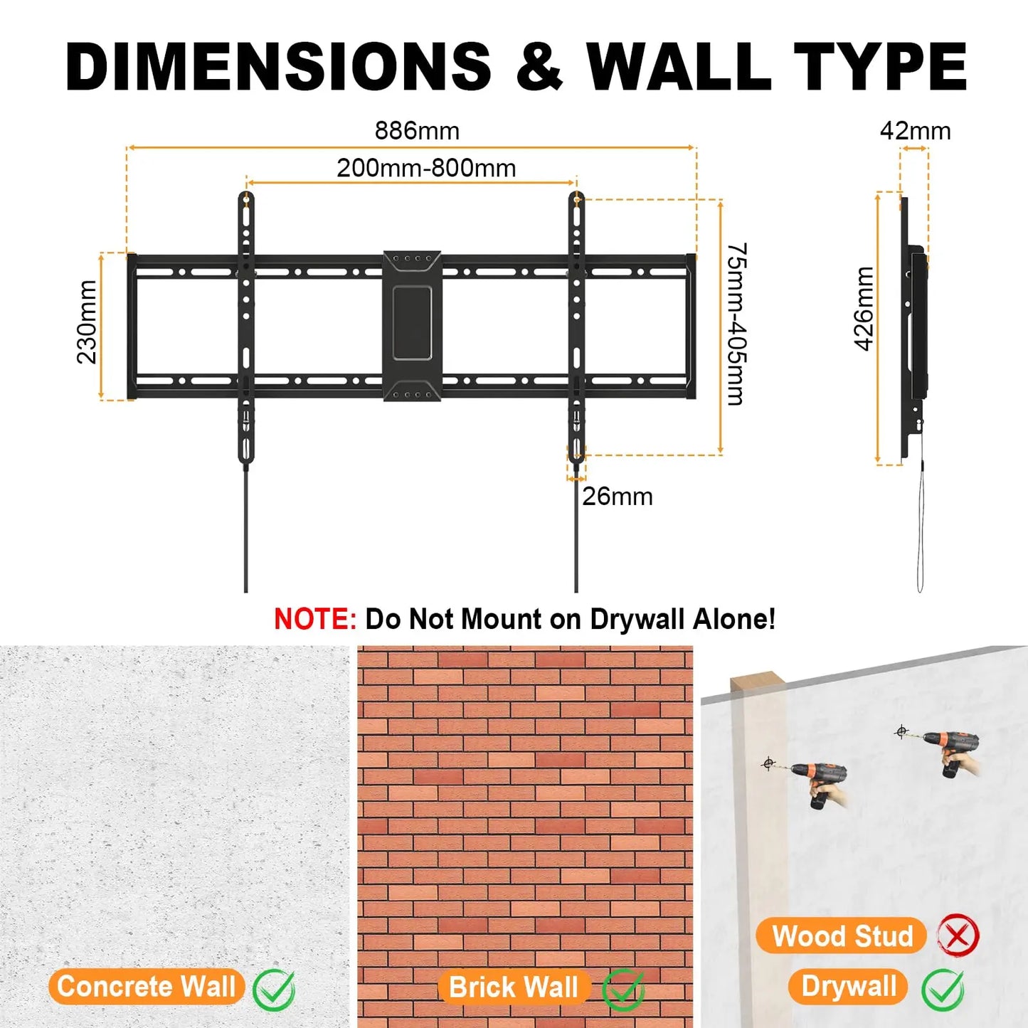PUTORSEN Universal TV Wall Mount Ultra Slim for 43-95 Inch TVs - Tiltable TV Mount up to 75 kg, Max VESA 800 x 400 mm PUTORSEN