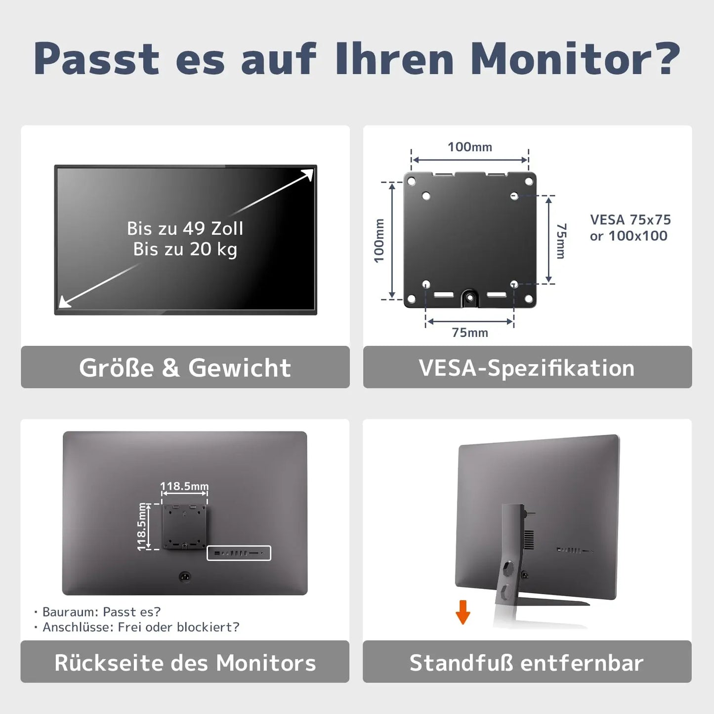 PUTORSEN Universelle Stahlhalterung bis 49 Zoll mit Abnehmbarer VESA 75/100mm Platte, 20kg pro Arm PUTORSEN