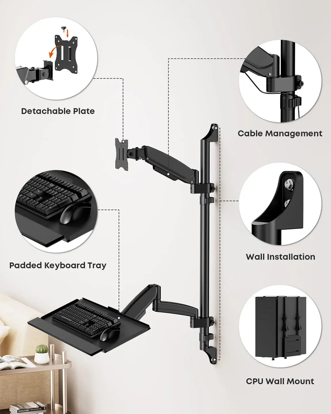 PUTORSEN Wall Mount Monitor Arm, Keyboard Tray and CPU Holder Included Height Adjustable Full Motion Arm for 17 to 32 Inch, Sit Stand Workstation, VESA 75x75/100x100, Black PUTORSEN