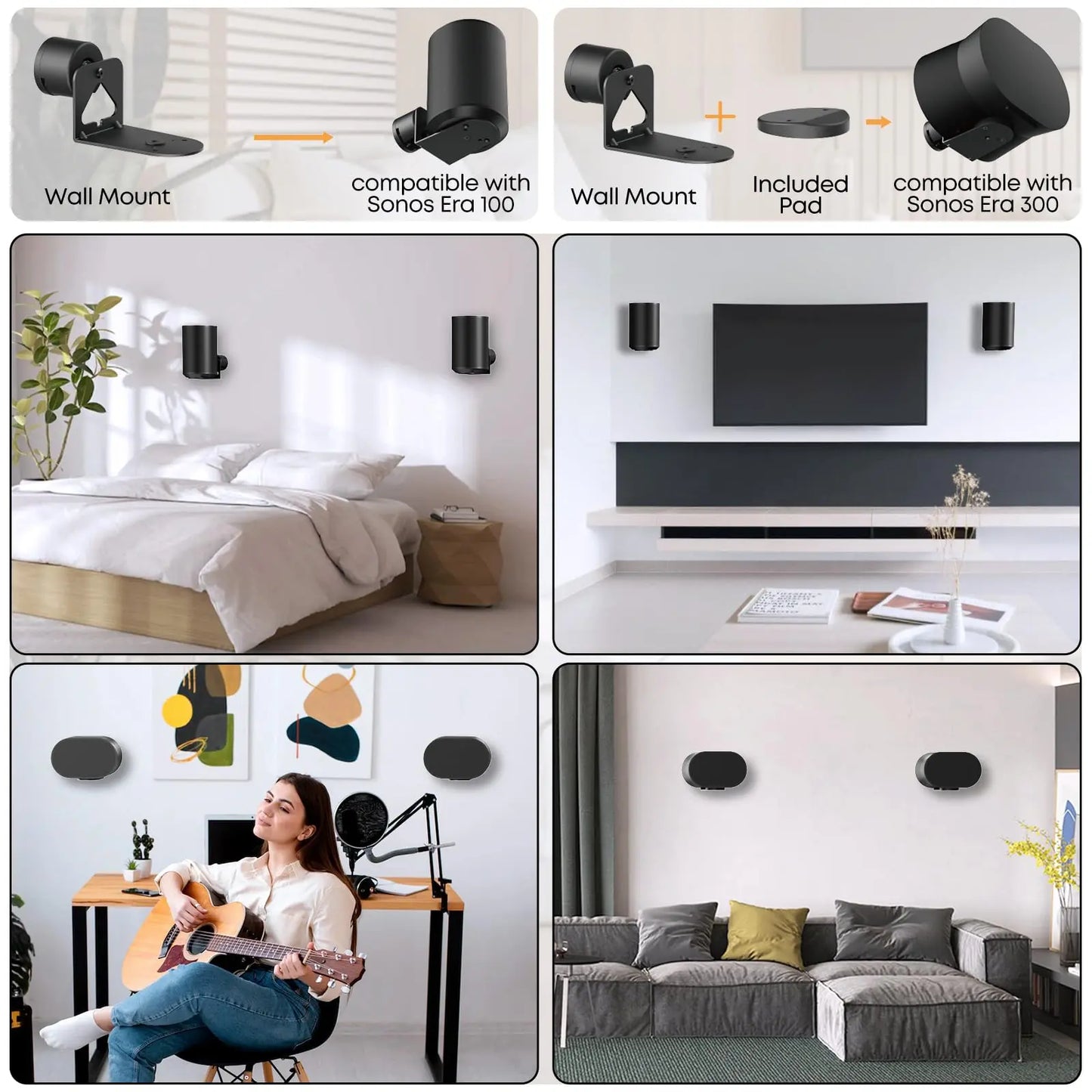 PUTORSEN Wall Mount Speaker Bracket - Compatible with Sonos era100 & era 300, Tiltable, Swivel & Rotation Speaker Mount (2 Pieces) PUTORSEN