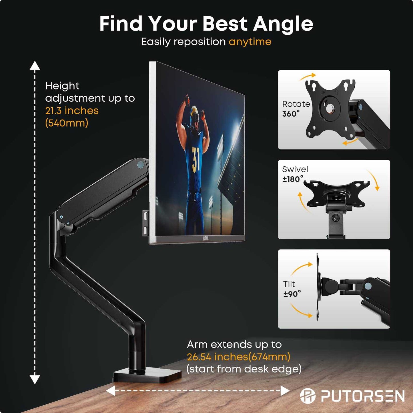 PUTORSEN monitor mount 1 monitor for 17-45 inch flat curved screen PUTORSEN