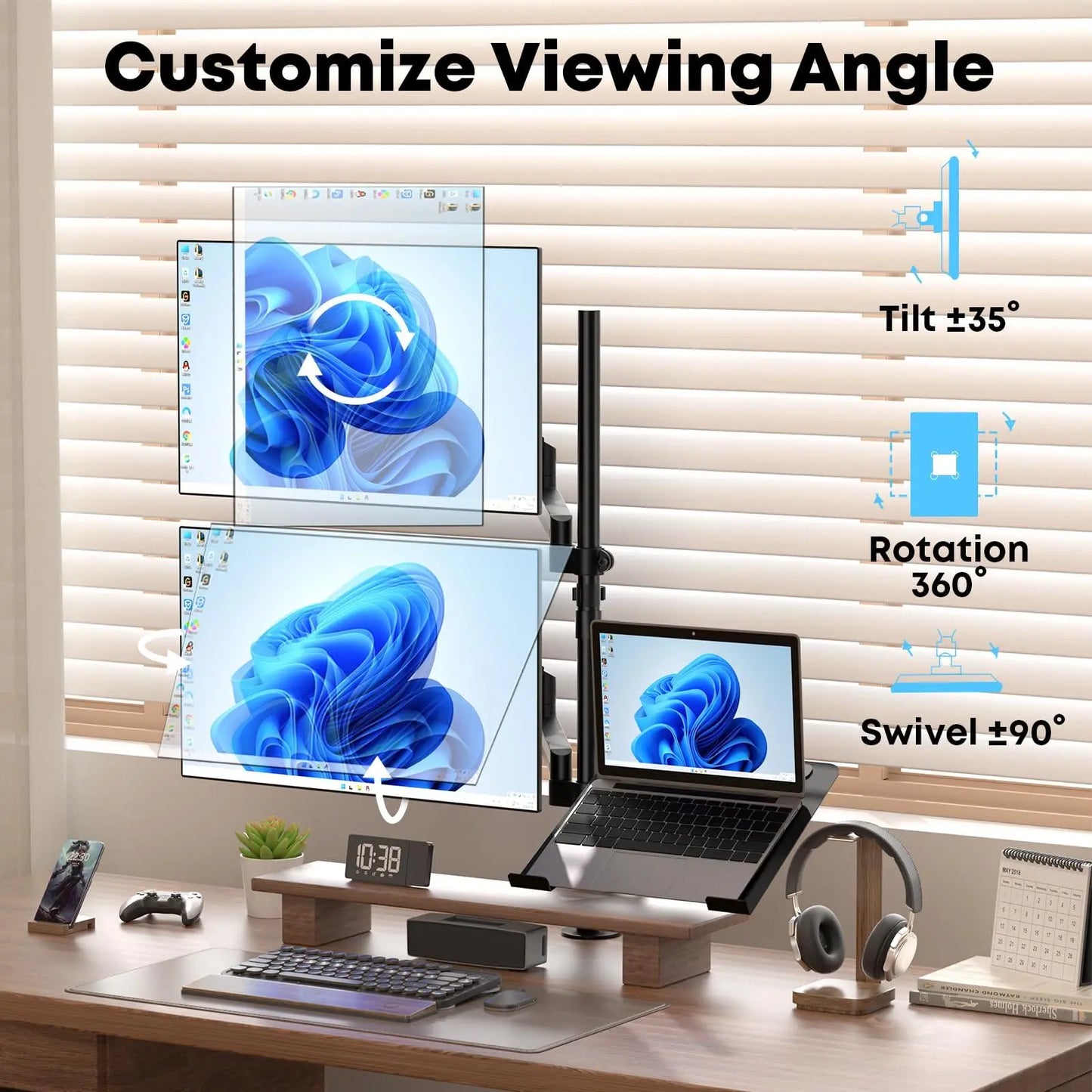 PUTORSEN monitor mount 2 monitors with laptop arm for 17-32 inch screen up to 17" notebook, tiltable swivelling monitor laptop mount desk with clamp PUTORSEN