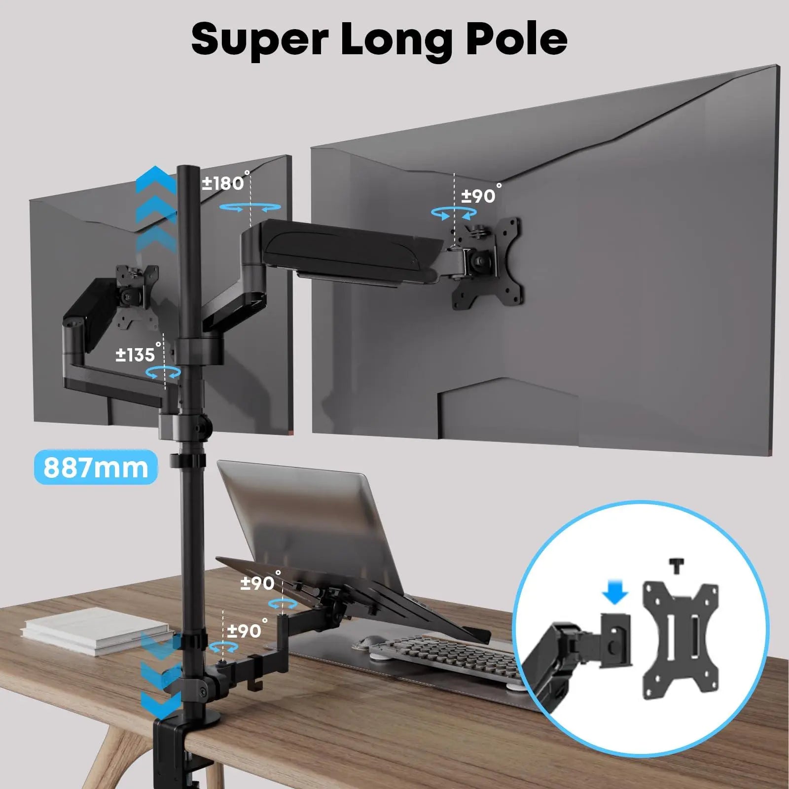 PUTORSEN monitor mount 2 monitors with laptop arm for 17-32 inch screen up to 17" notebook, tiltable swivelling monitor laptop mount desk with clamp PUTORSEN