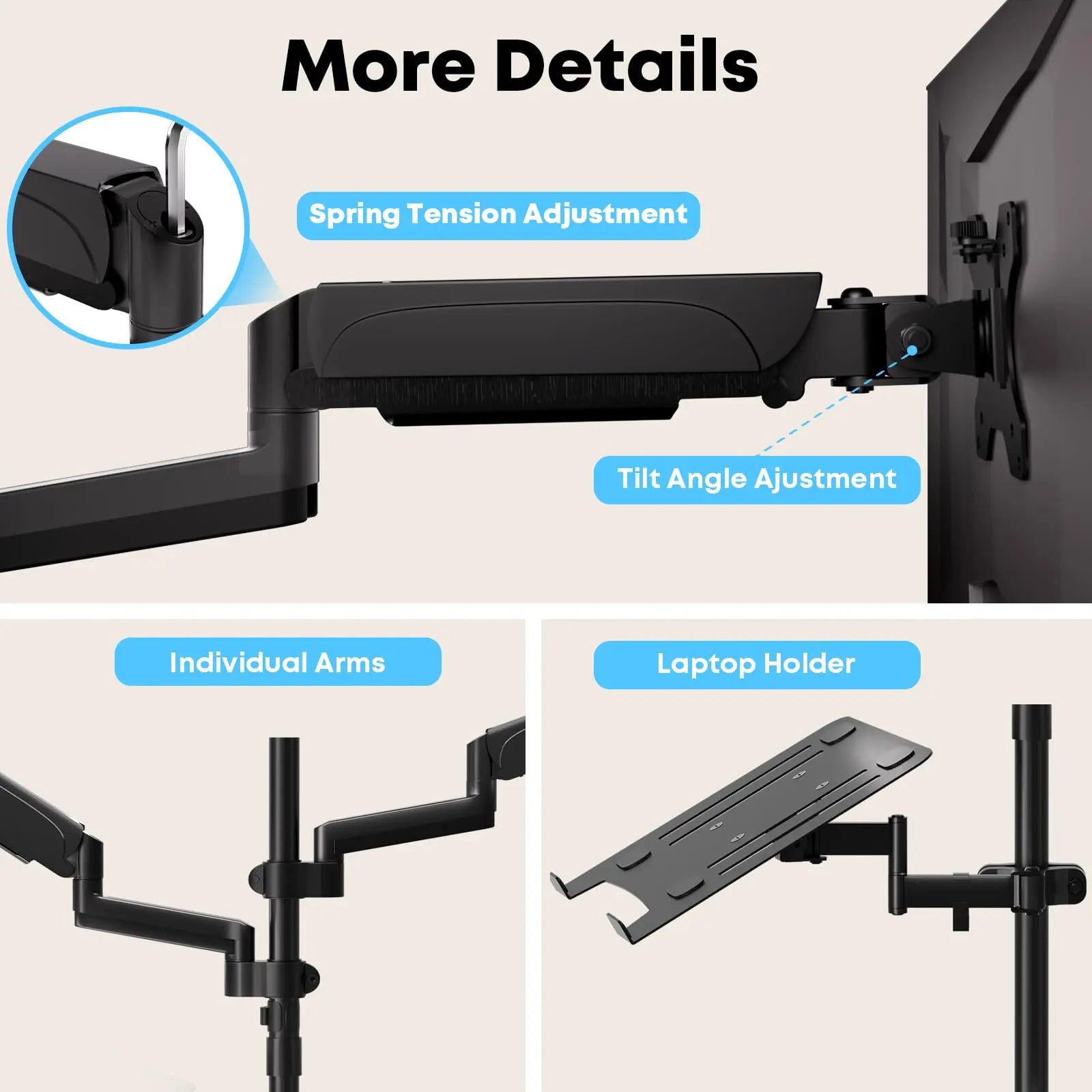 Tiltable Screen Computer PUTORSEN monitor mount 2 monitors with laptop arm for 17-32 inch scree
