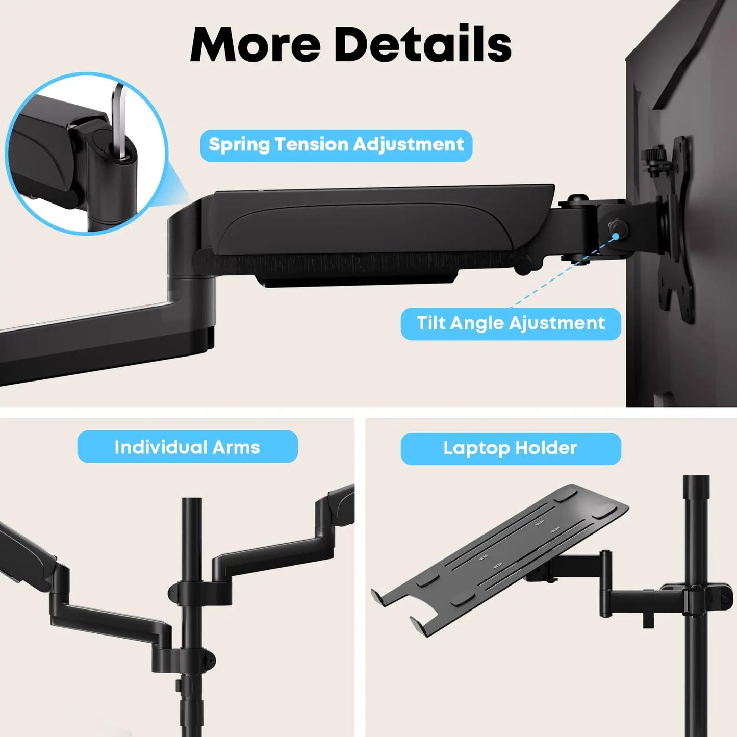 PUTORSEN monitor mount 2 monitors with laptop arm for 17-32 inch screen up to 17" notebook, tiltable swivelling monitor laptop mount desk with clamp PUTORSEN